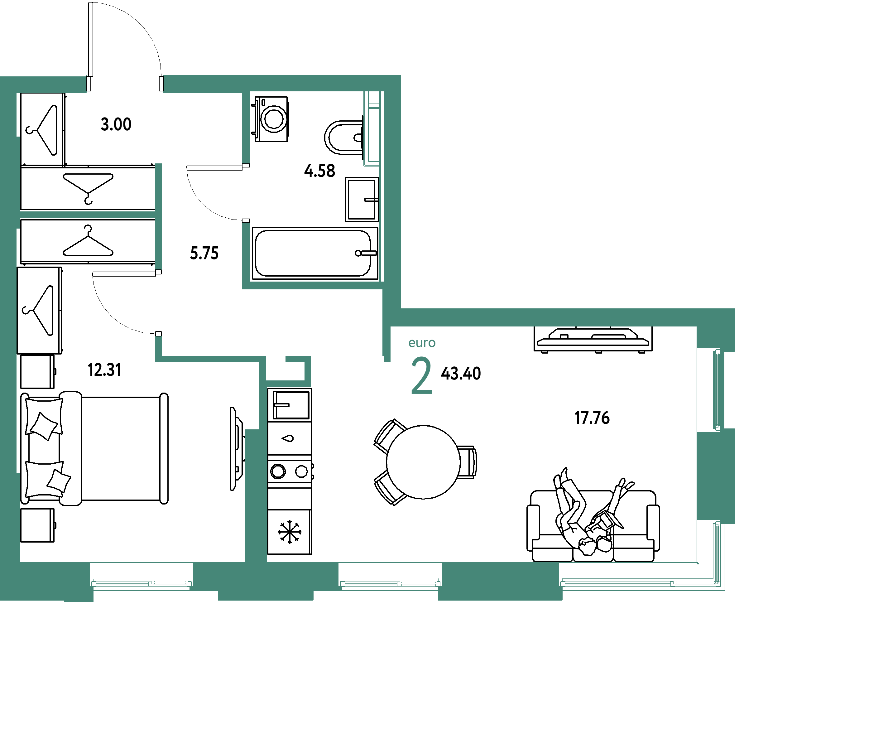 ЖК "Уральский сад"-2-комнатная 43.4 м²