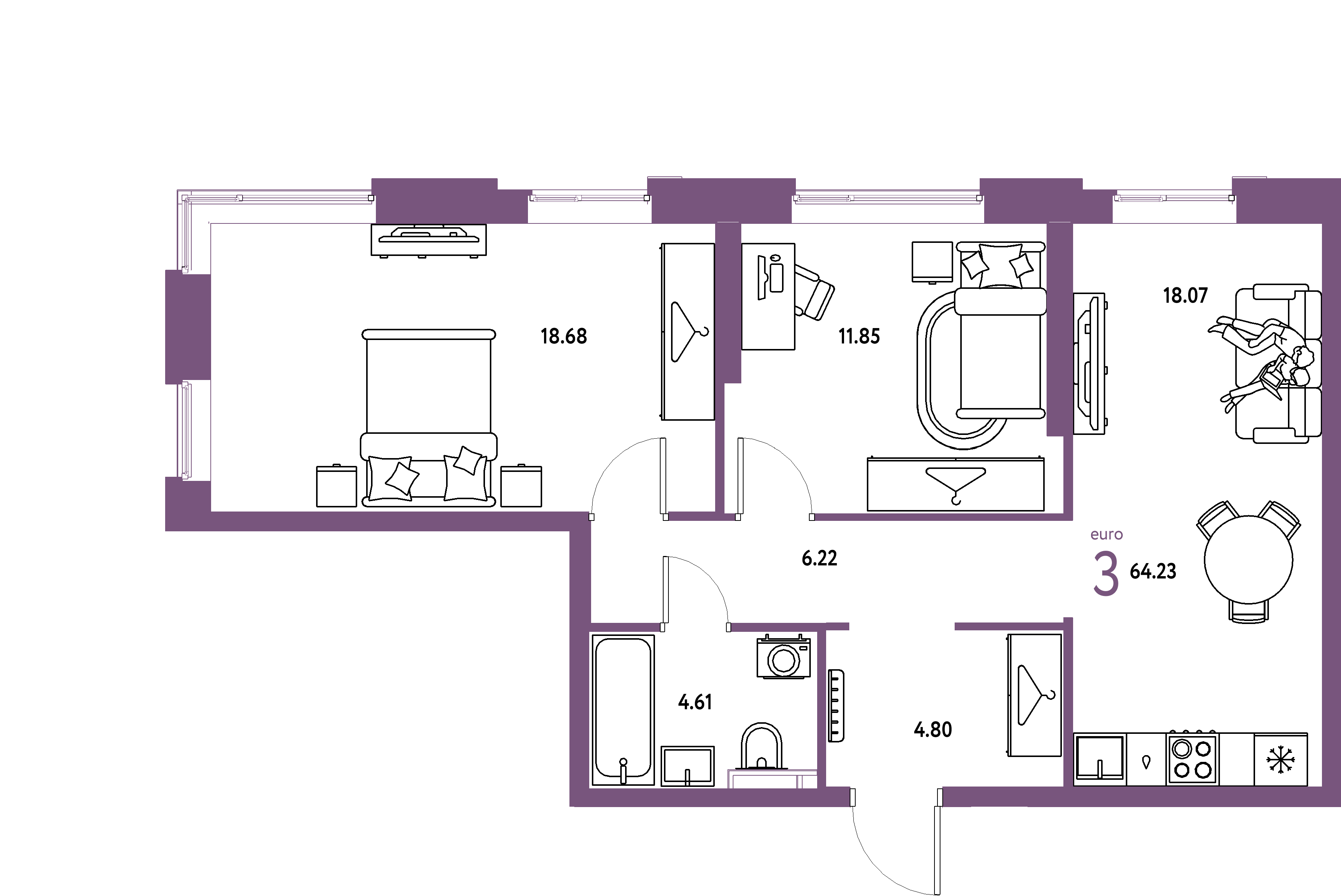 ЖК "Уральский сад"-3-комнатная 64.23 м²