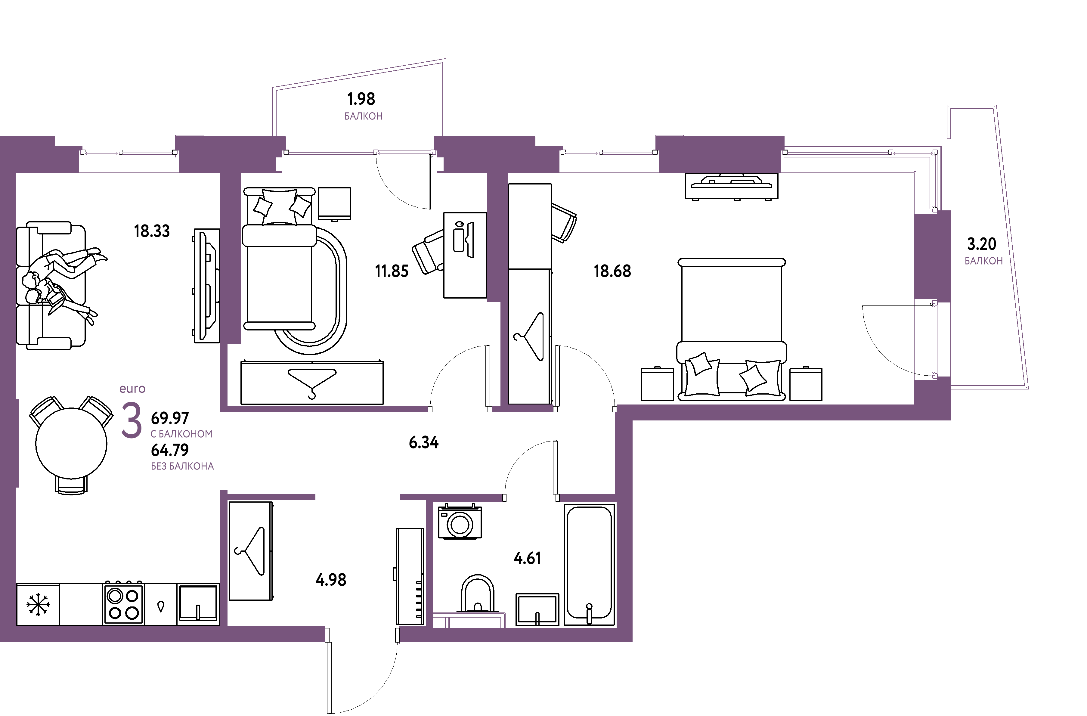 ЖК "Уральский сад"-3-комнатная 69.97 м²