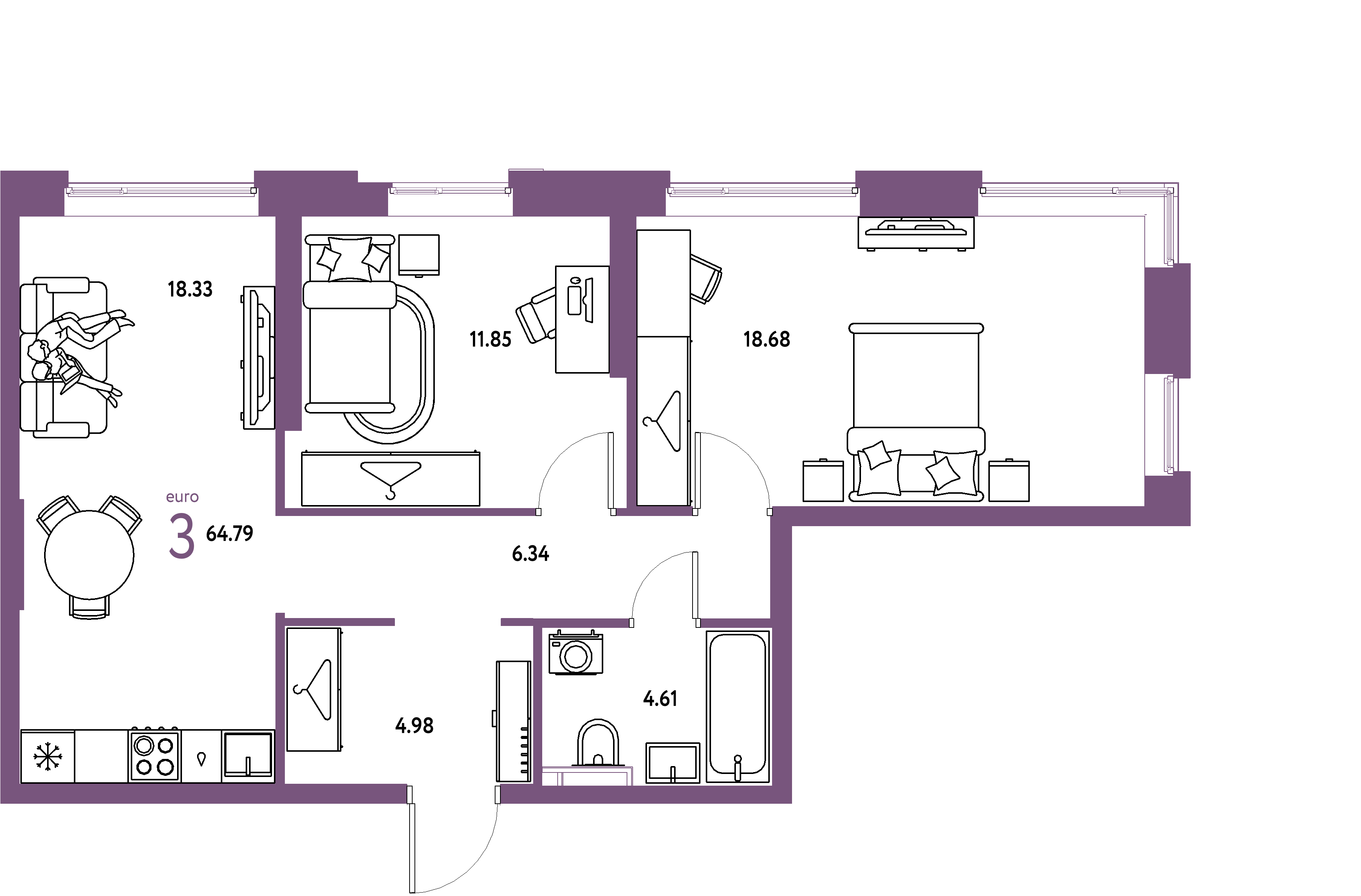 ЖК "Уральский сад"-3-комнатная 64.79 м²