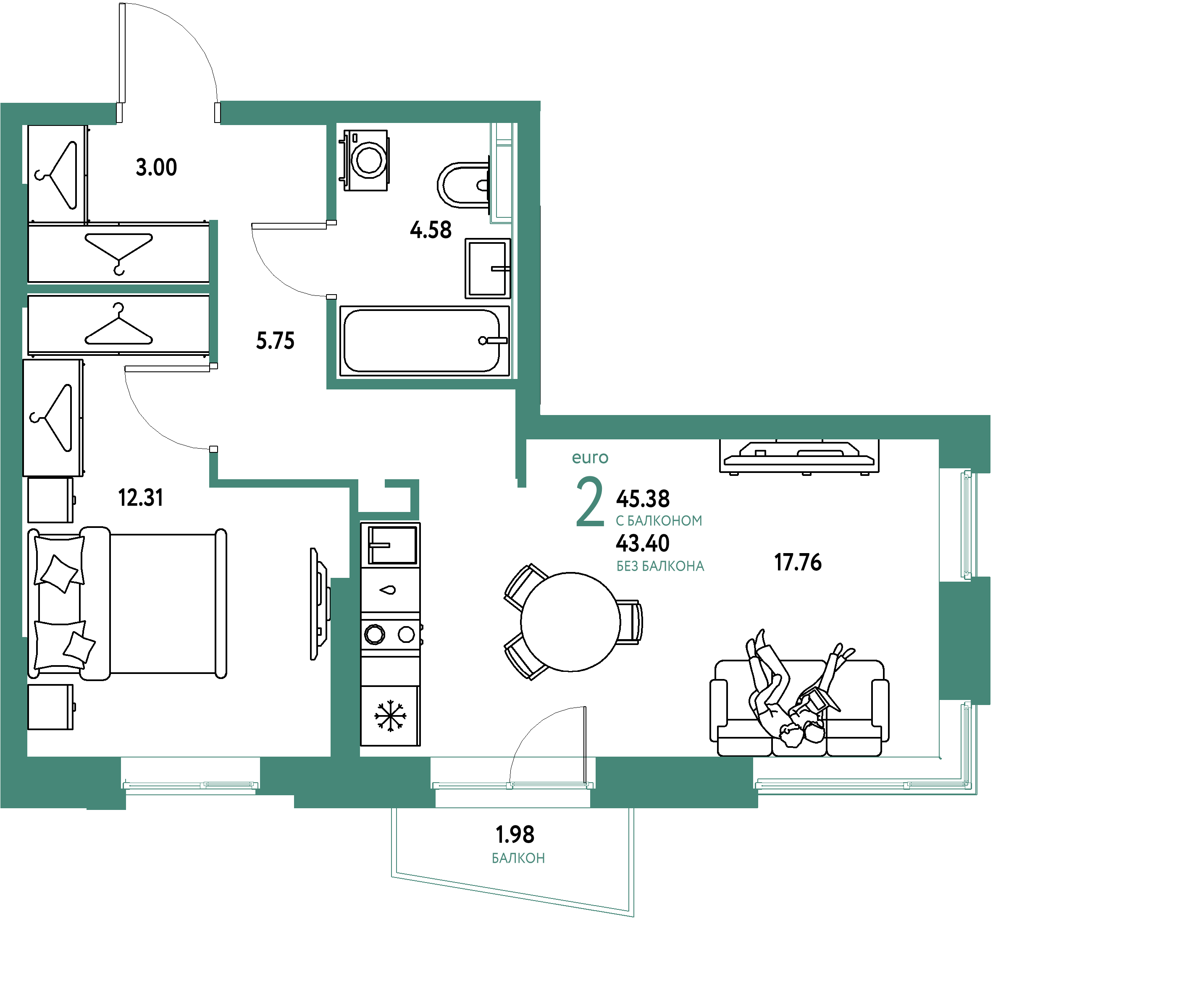 ЖК "Уральский сад"-2-комнатная 45.38 м²