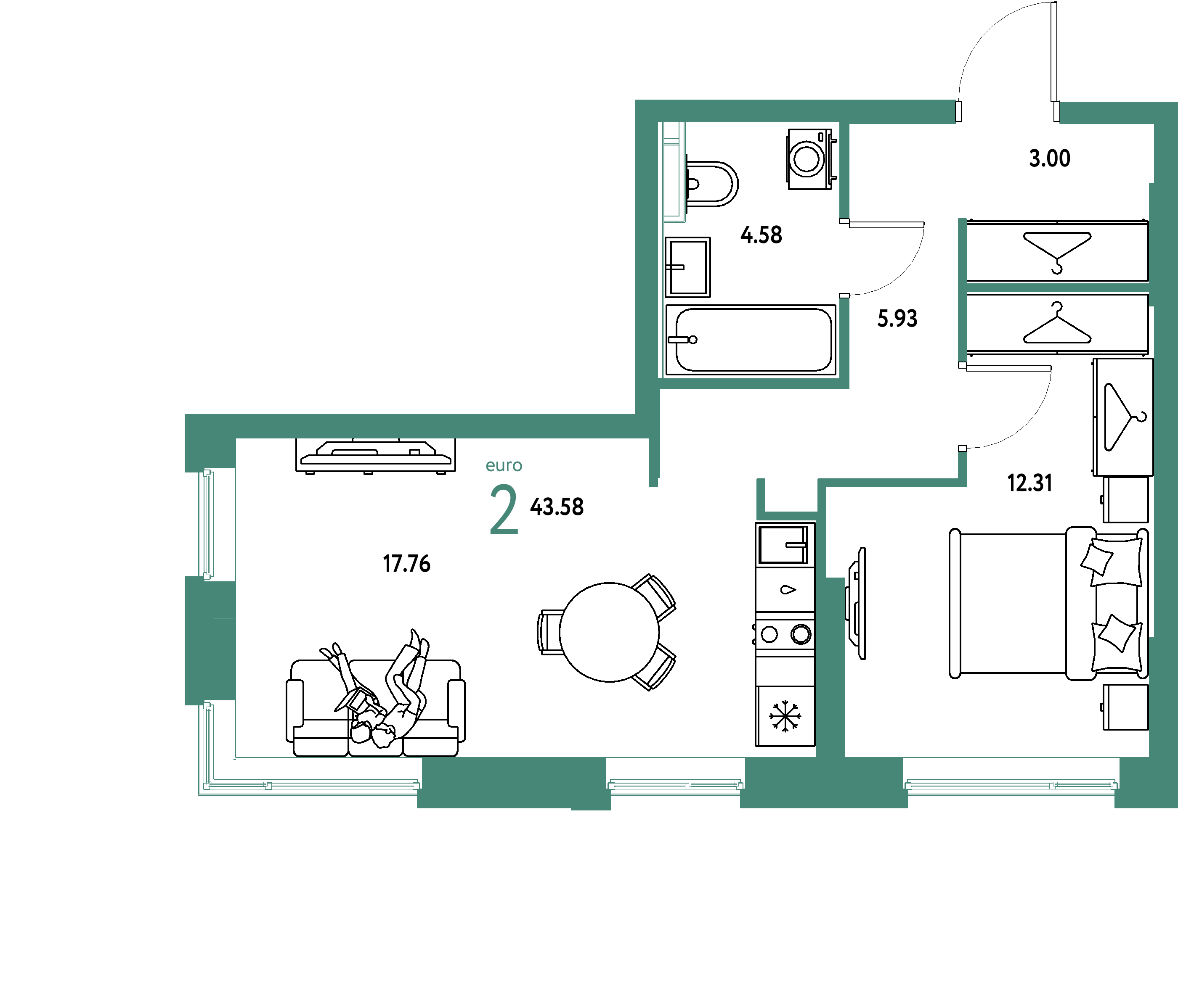 ЖК "Уральский сад"-2-комнатная 43.58 м²