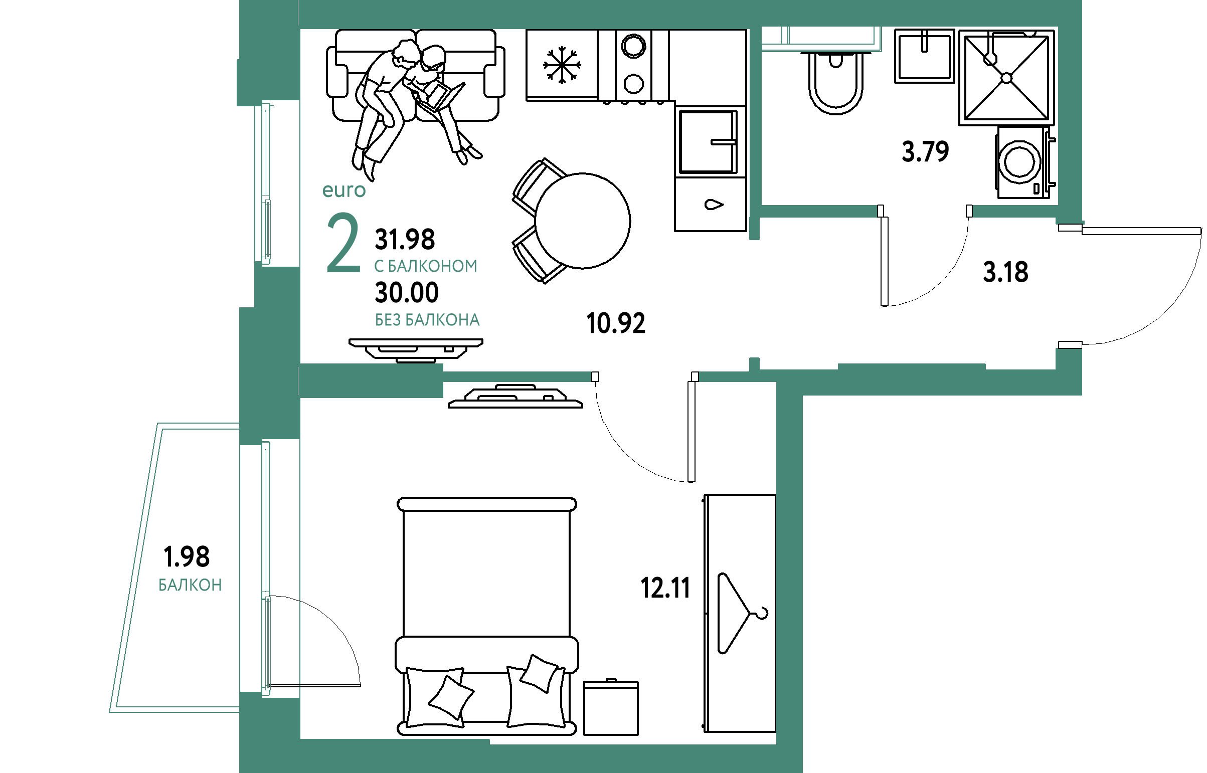 ЖК "Уральский сад"-2-комнатная 31.98 м²