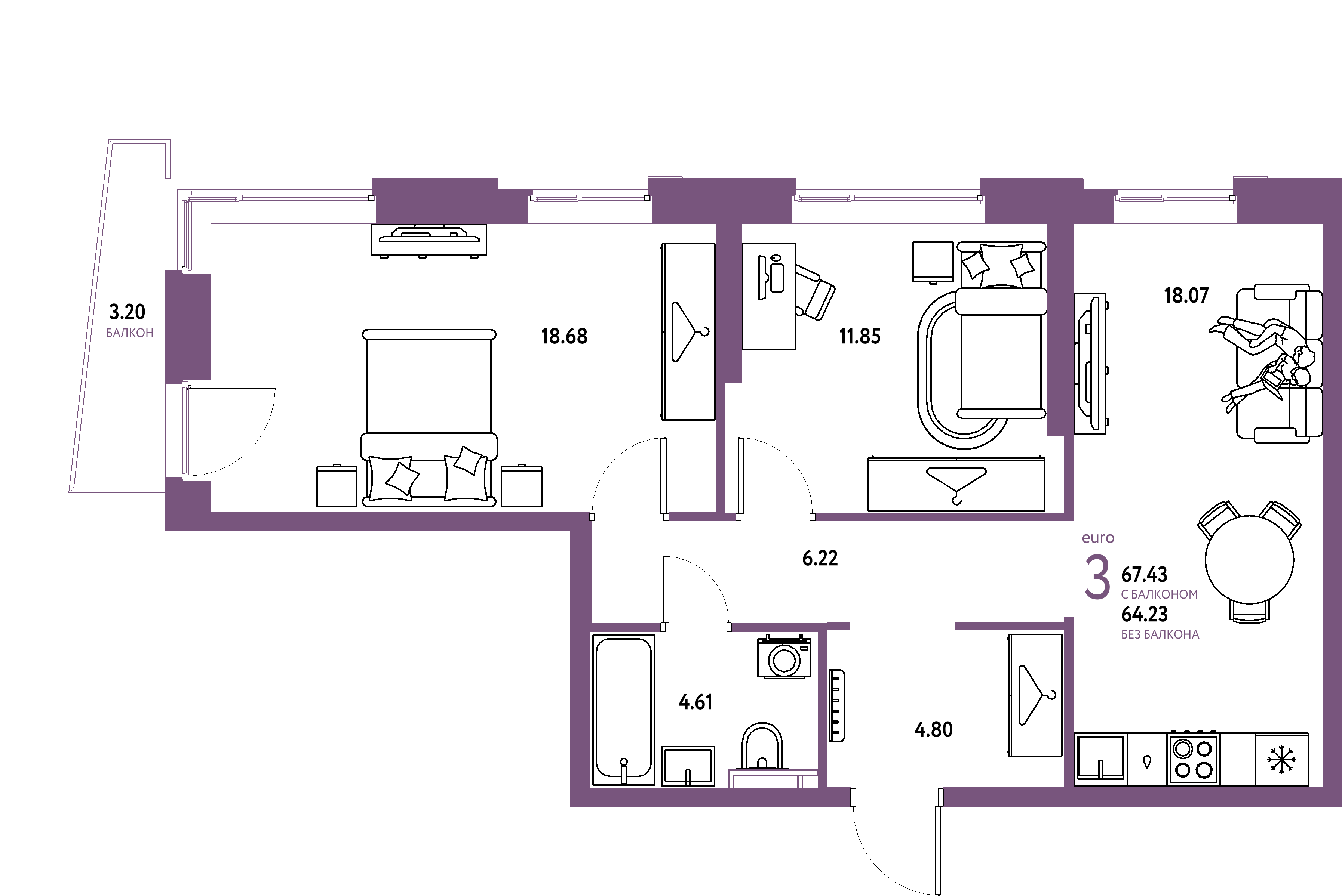 ЖК "Уральский сад"-3-комнатная 67.43 м²