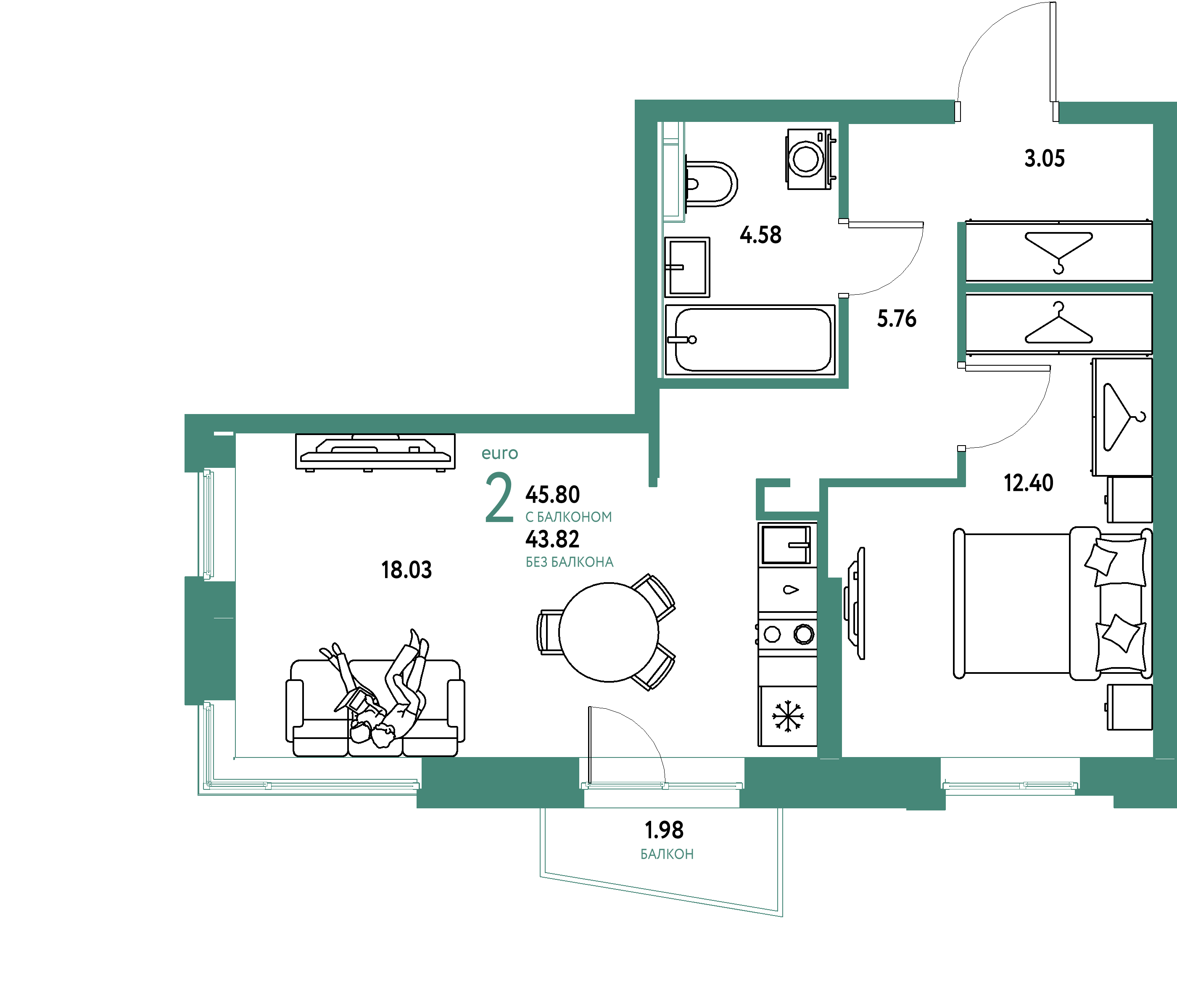 ЖК "Уральский сад"-2-комнатная 45.8 м²
