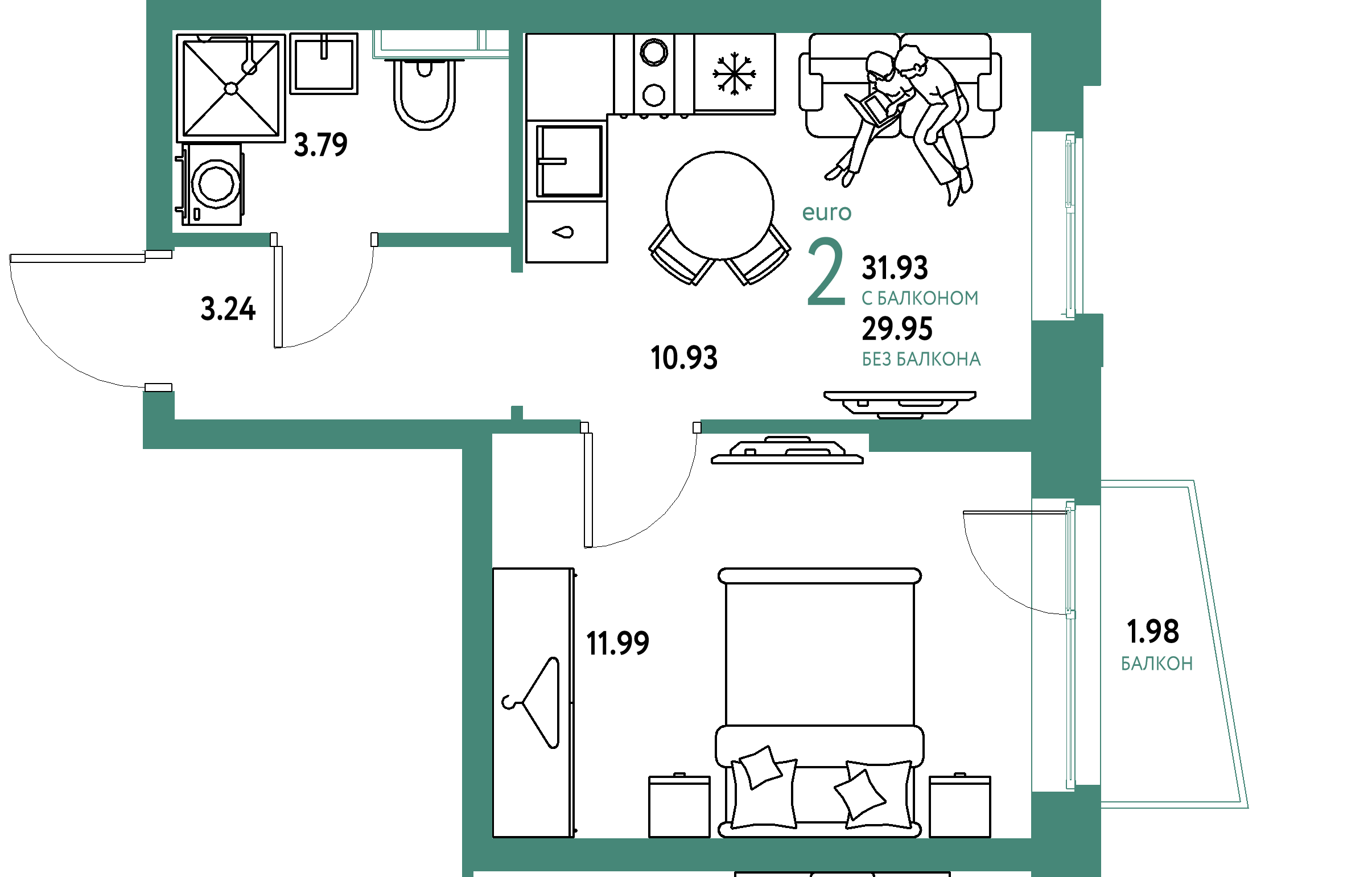 ЖК "Уральский сад"-2-комнатная 31.93 м²