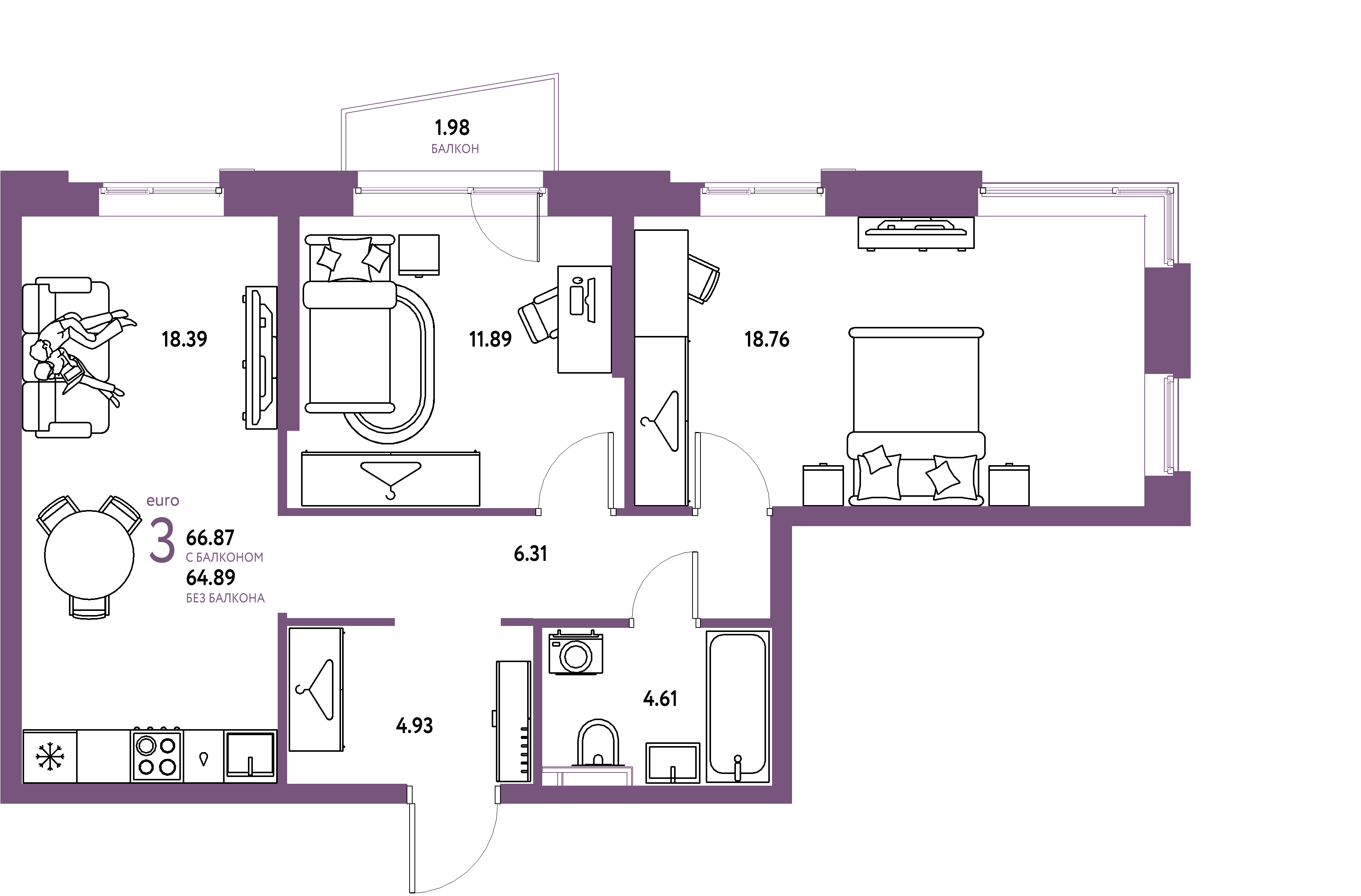 ЖК "Уральский сад"-3-комнатная 66.87 м²