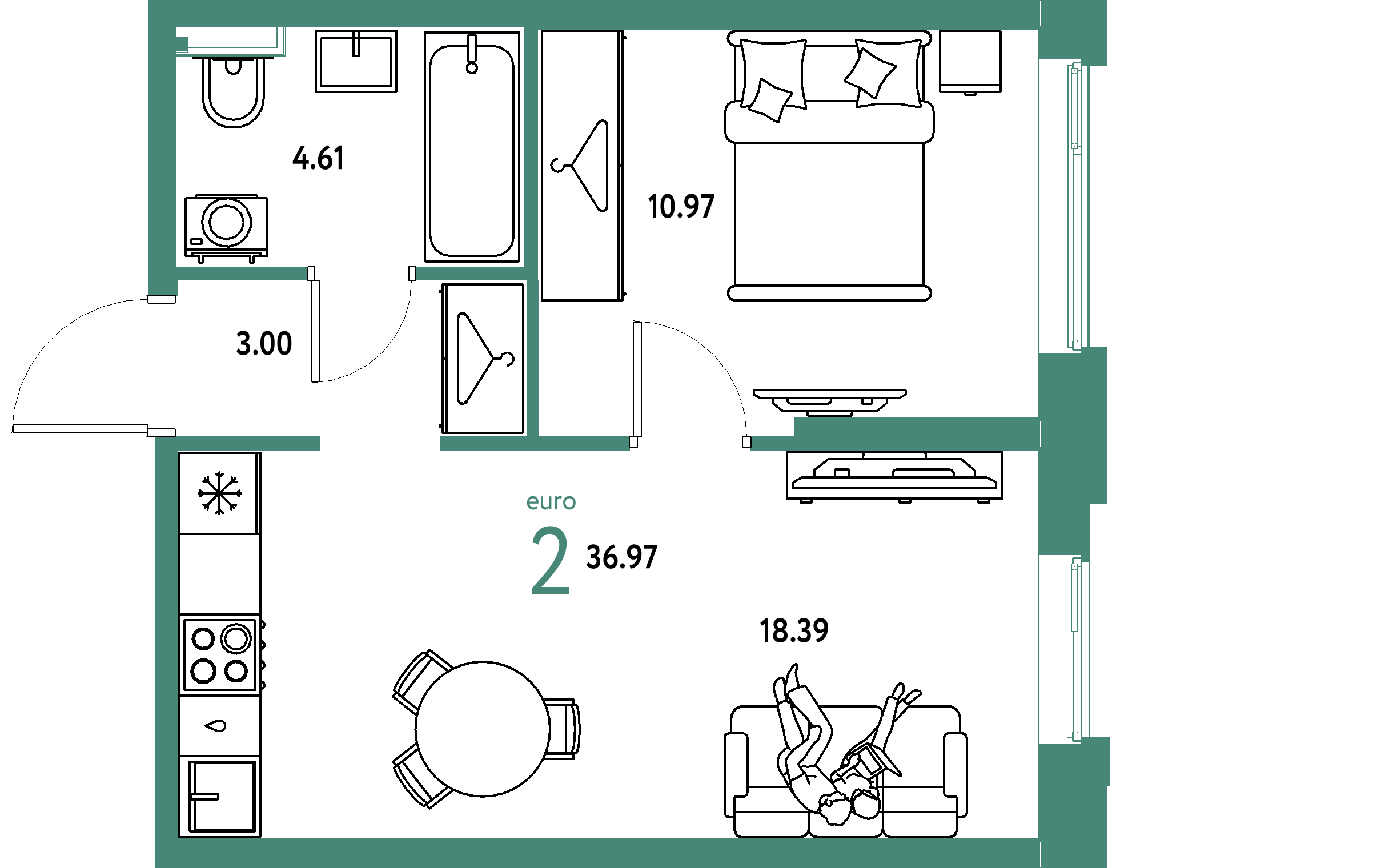 ЖК "Уральский сад"-2-комнатная 36.97 м²