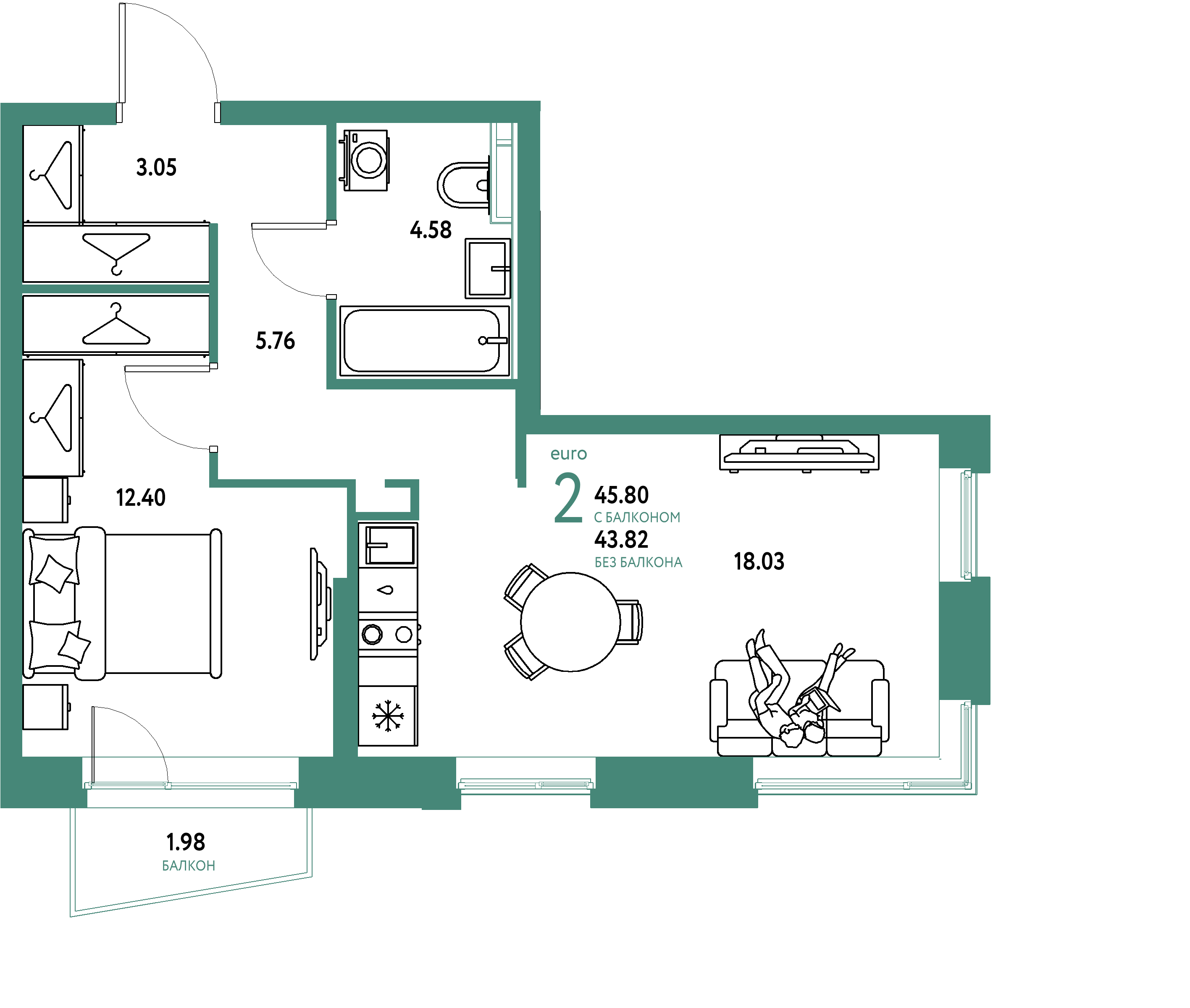 ЖК "Уральский сад"-2-комнатная 45.8 м²