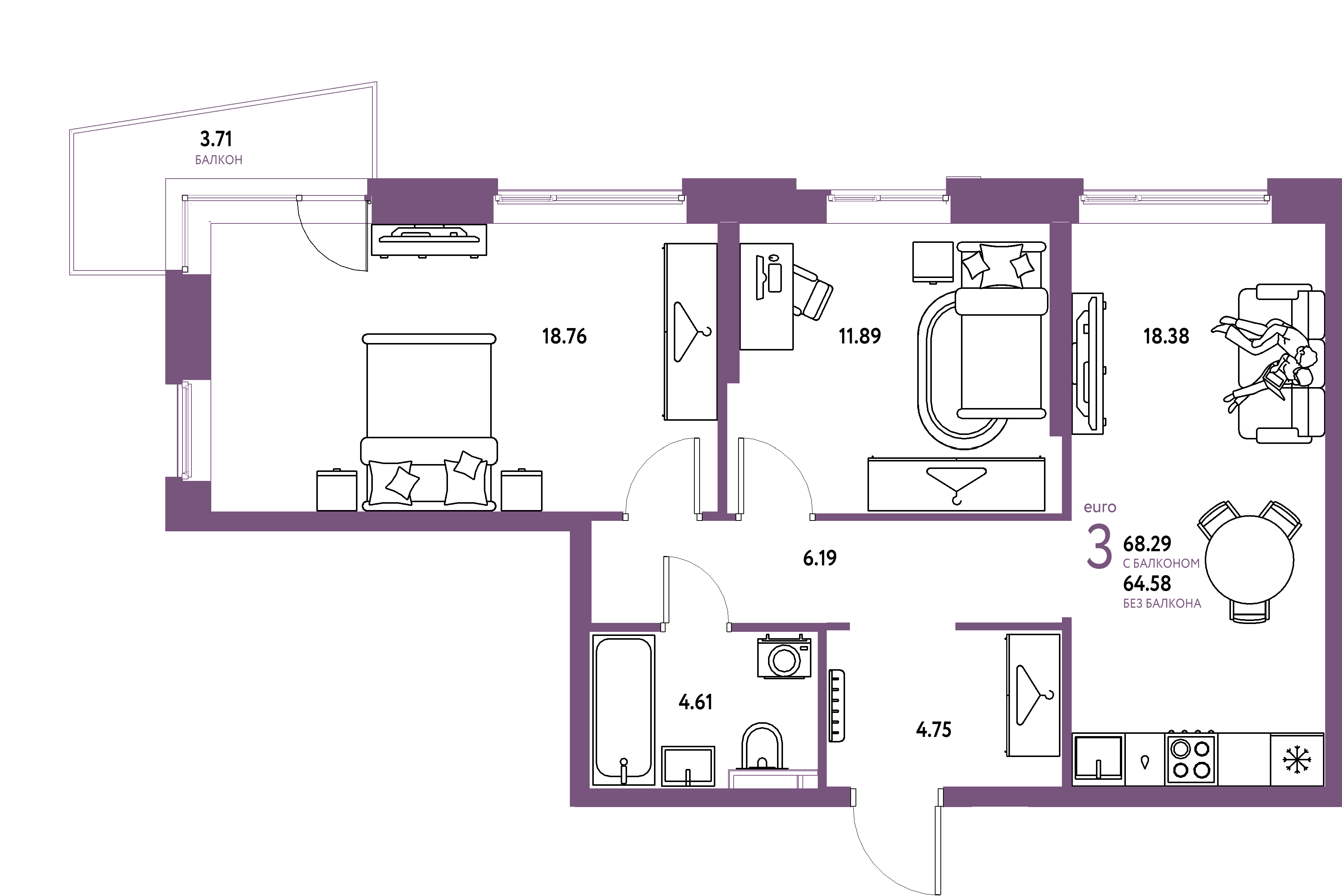 ЖК "Уральский сад"-3-комнатная 68.29 м²