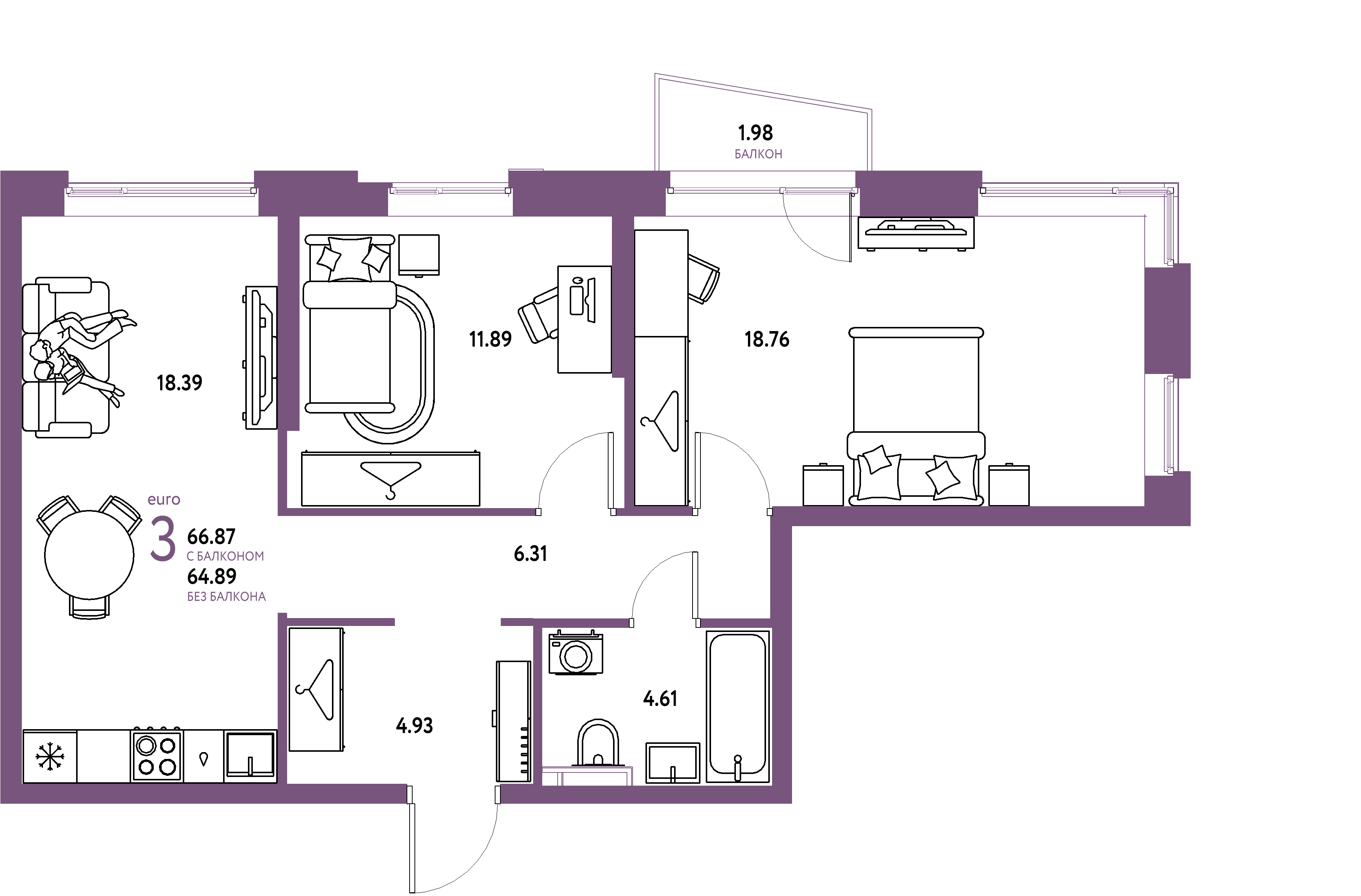 ЖК "Уральский сад"-3-комнатная 66.87 м²