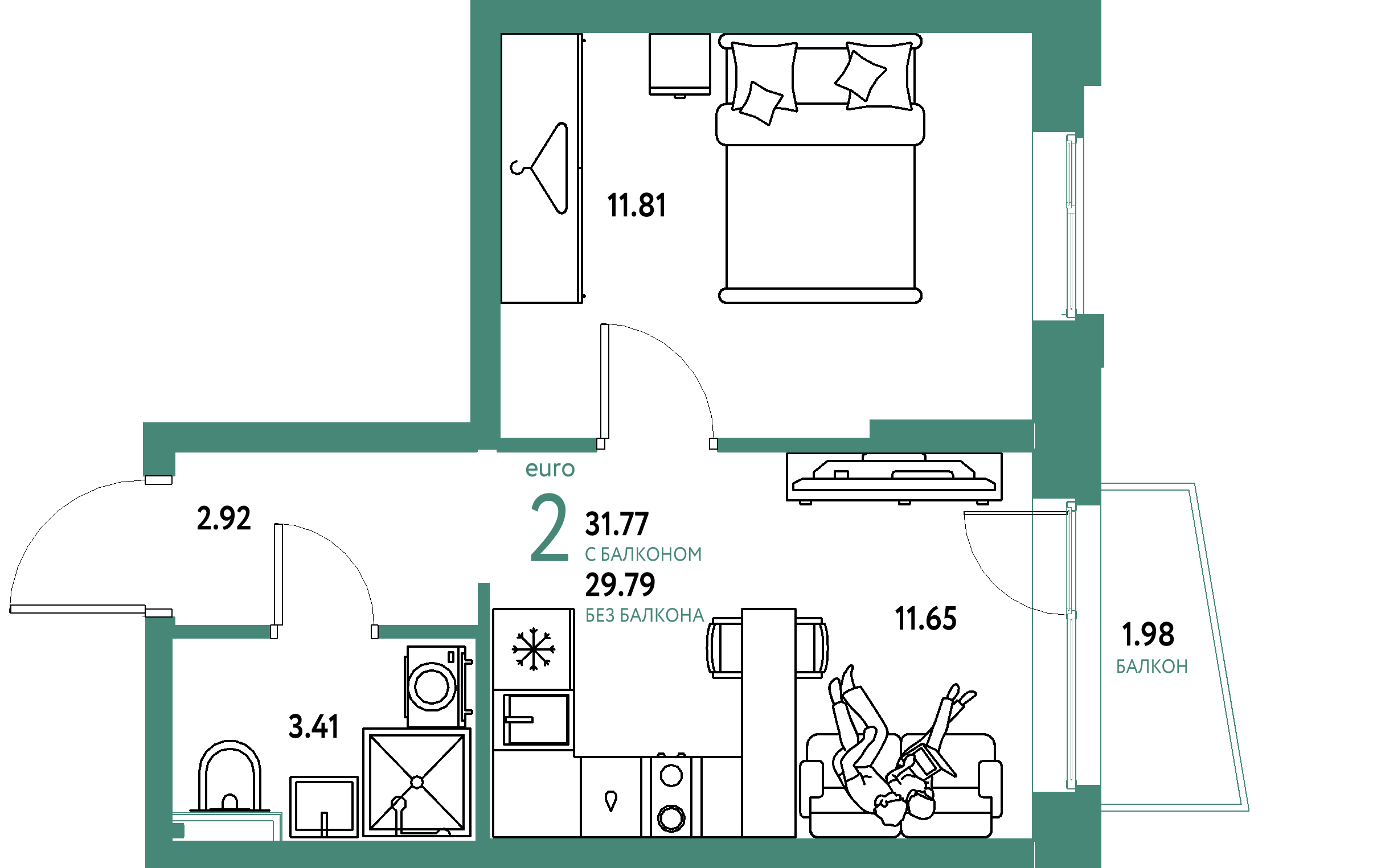 ЖК "Уральский сад"-2-комнатная 31.77 м²