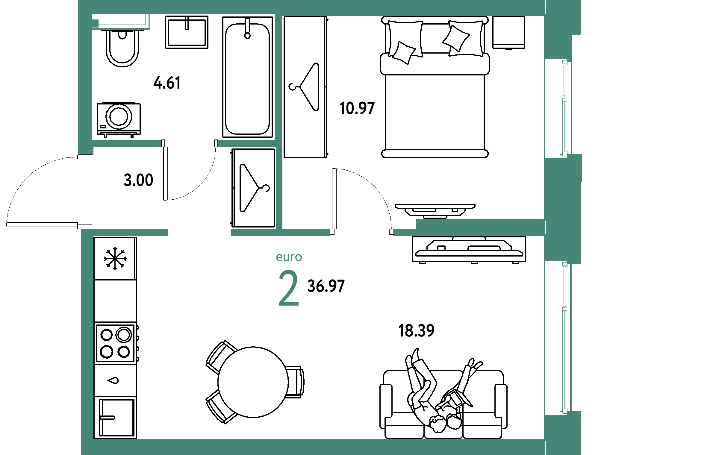 ЖК "Уральский сад"-2-комнатная 36.97 м²