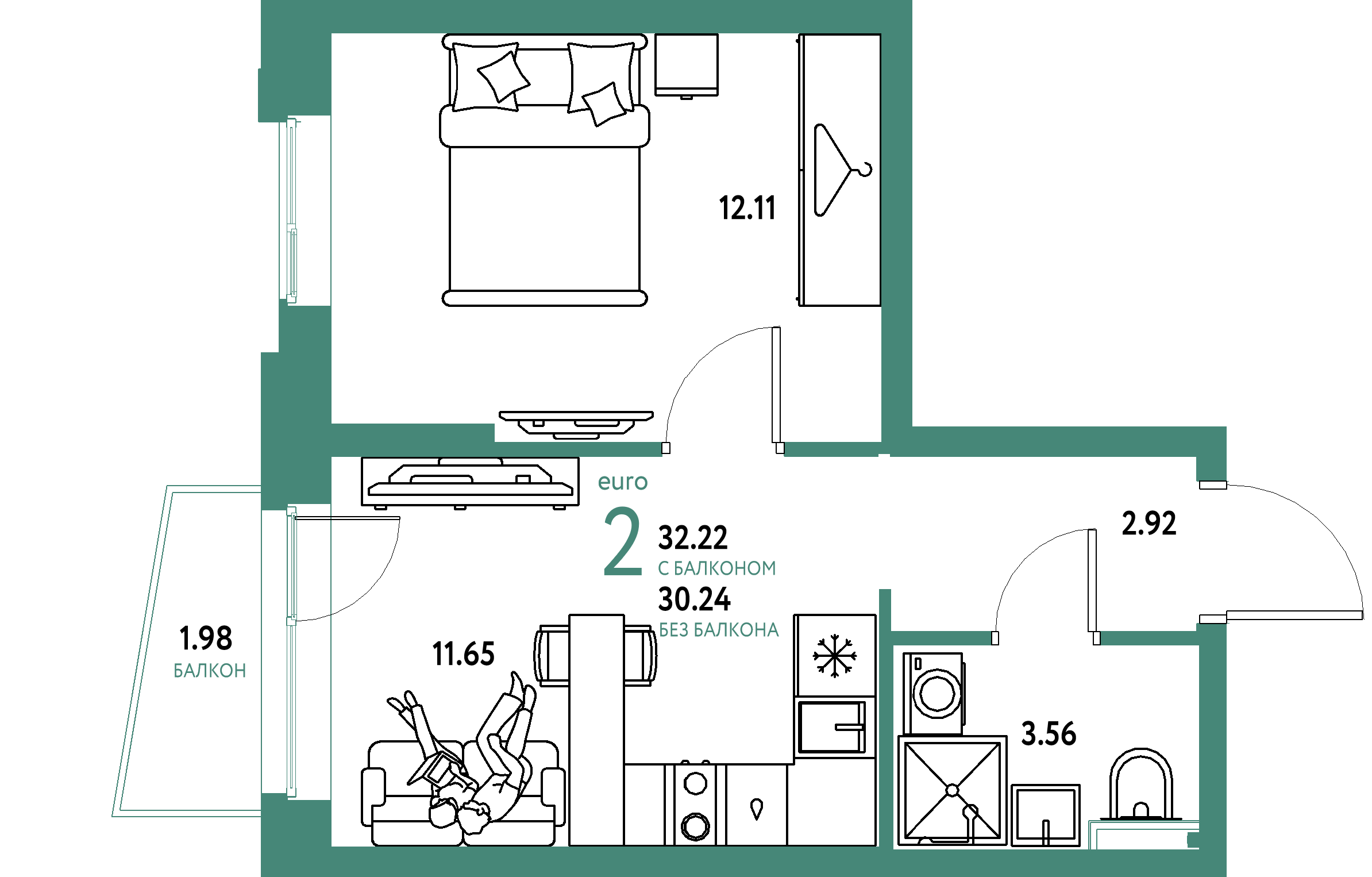ЖК "Уральский сад"-2-комнатная 32.22 м²