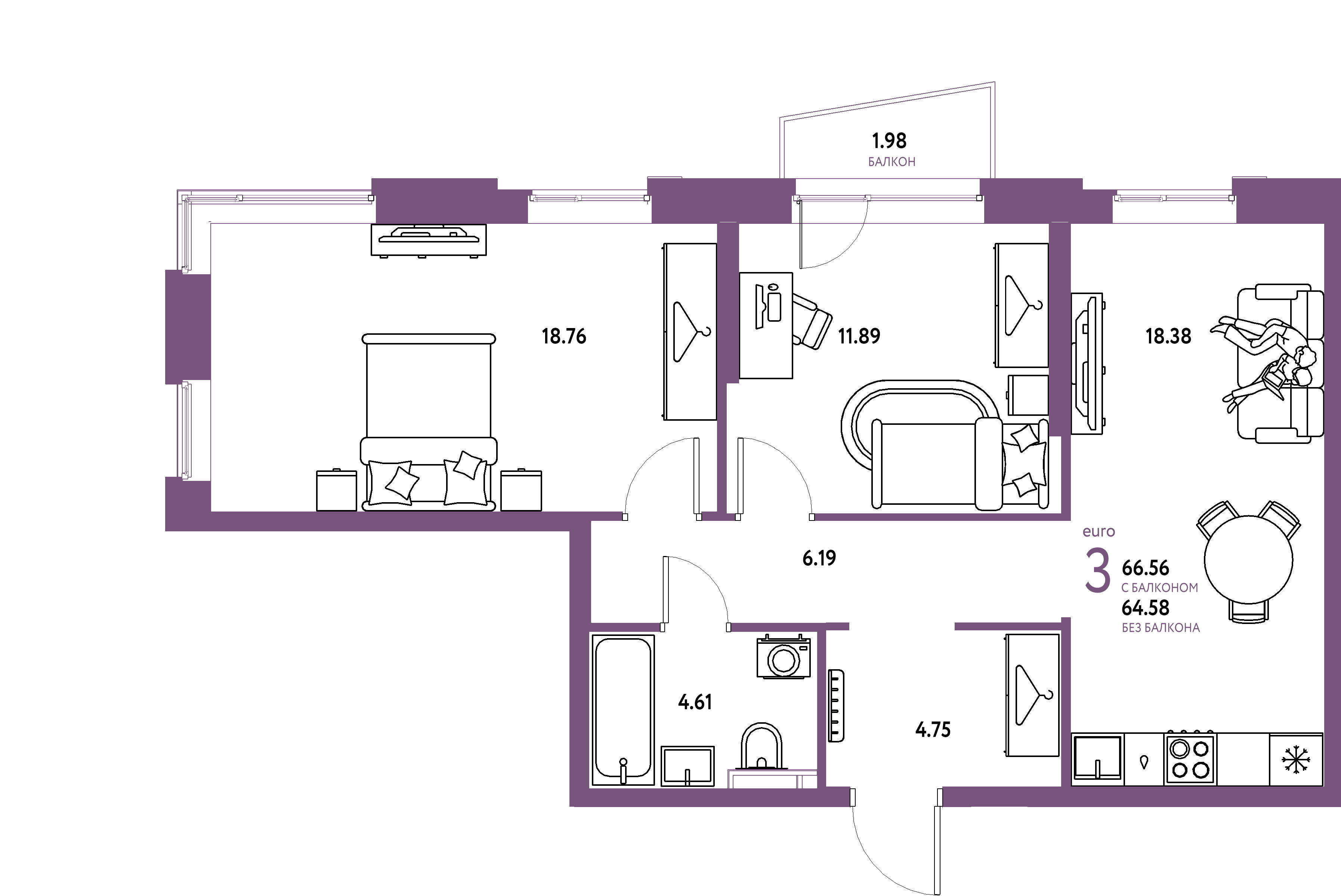 ЖК "Уральский сад"-3-комнатная 66.56 м²