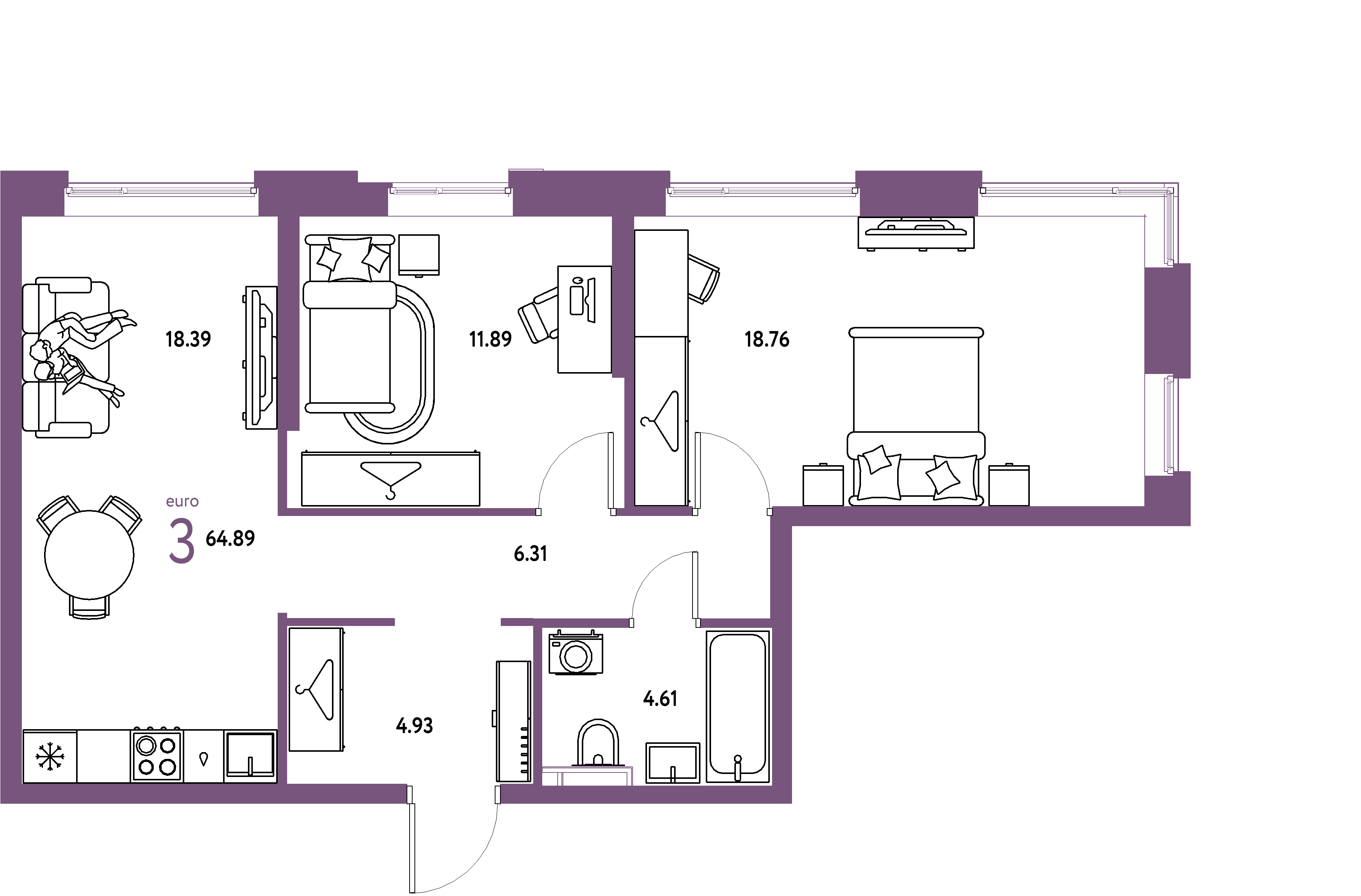 ЖК "Уральский сад"-3-комнатная 64.89 м²