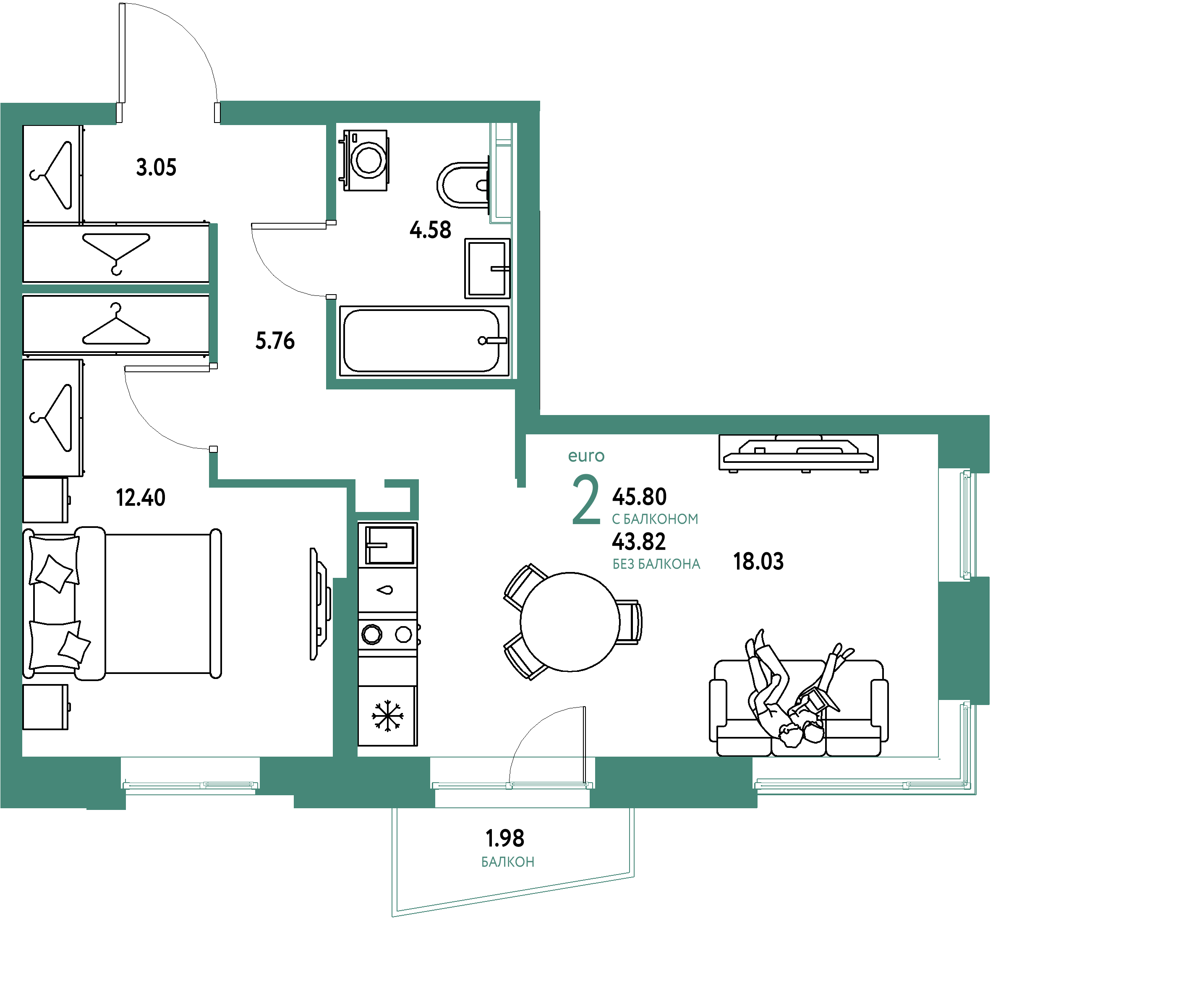 ЖК "Уральский сад"-2-комнатная 45.8 м²