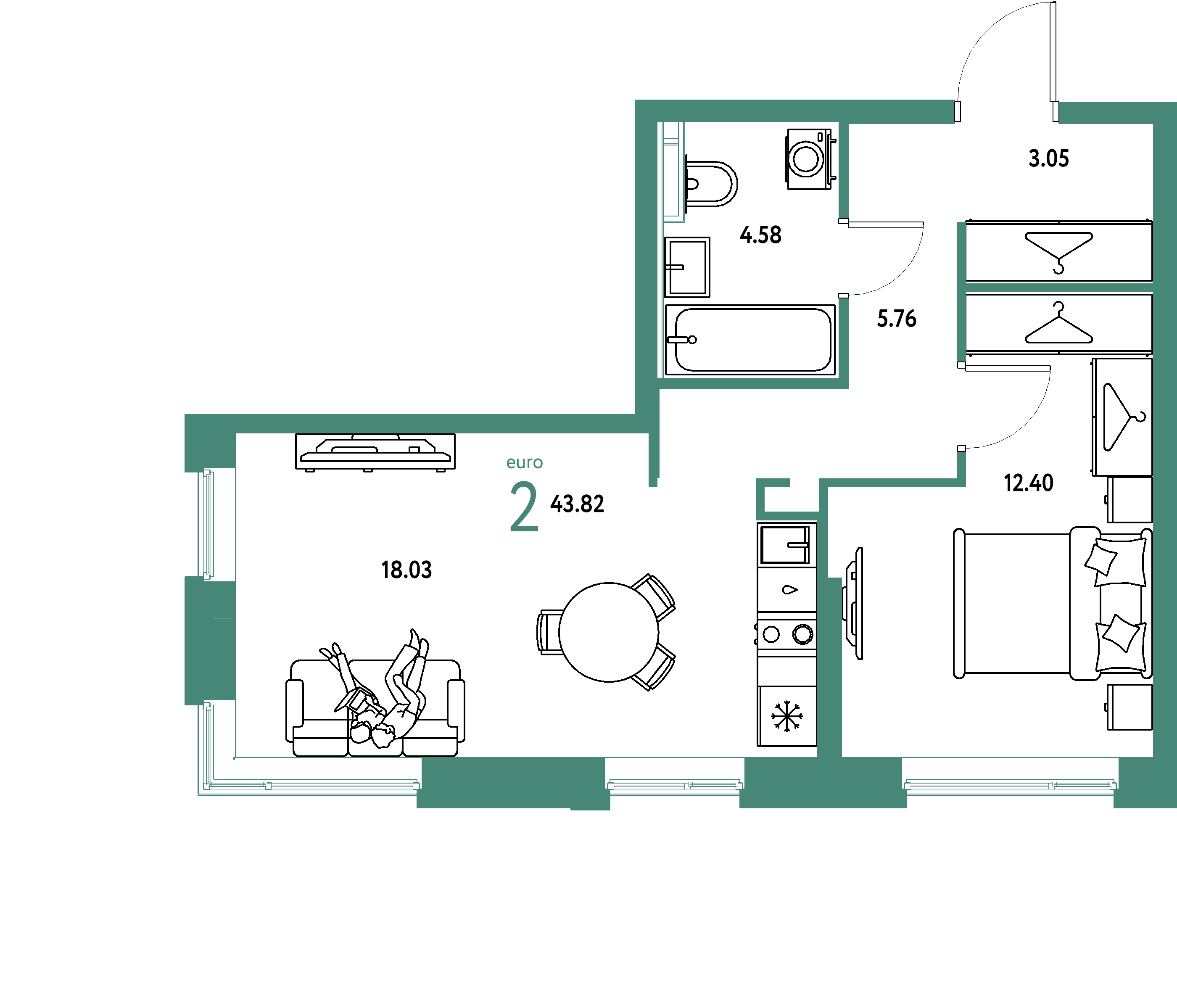 ЖК "Уральский сад"-2-комнатная 43.82 м²