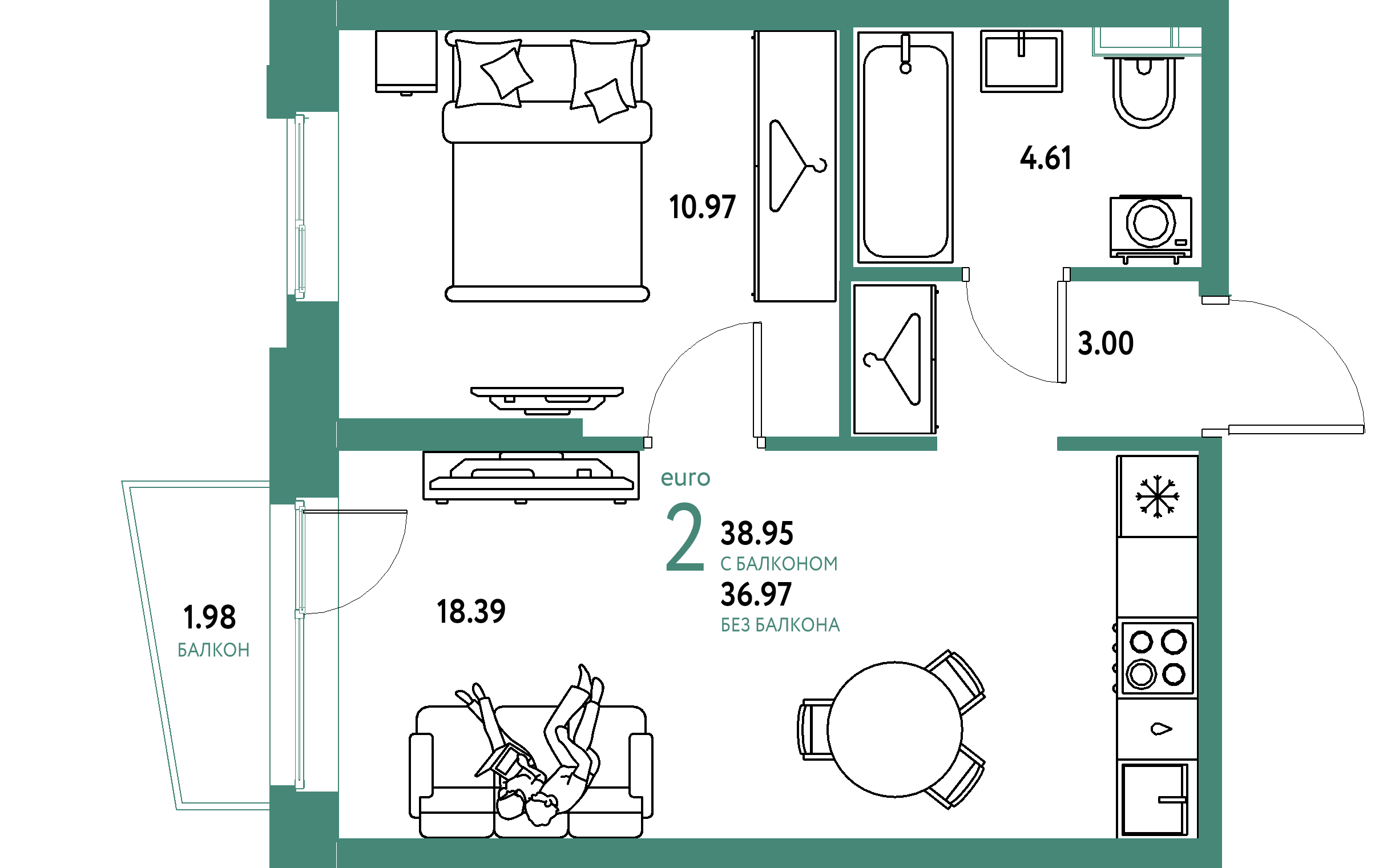 ЖК "Уральский сад"-2-комнатная 38.95 м²