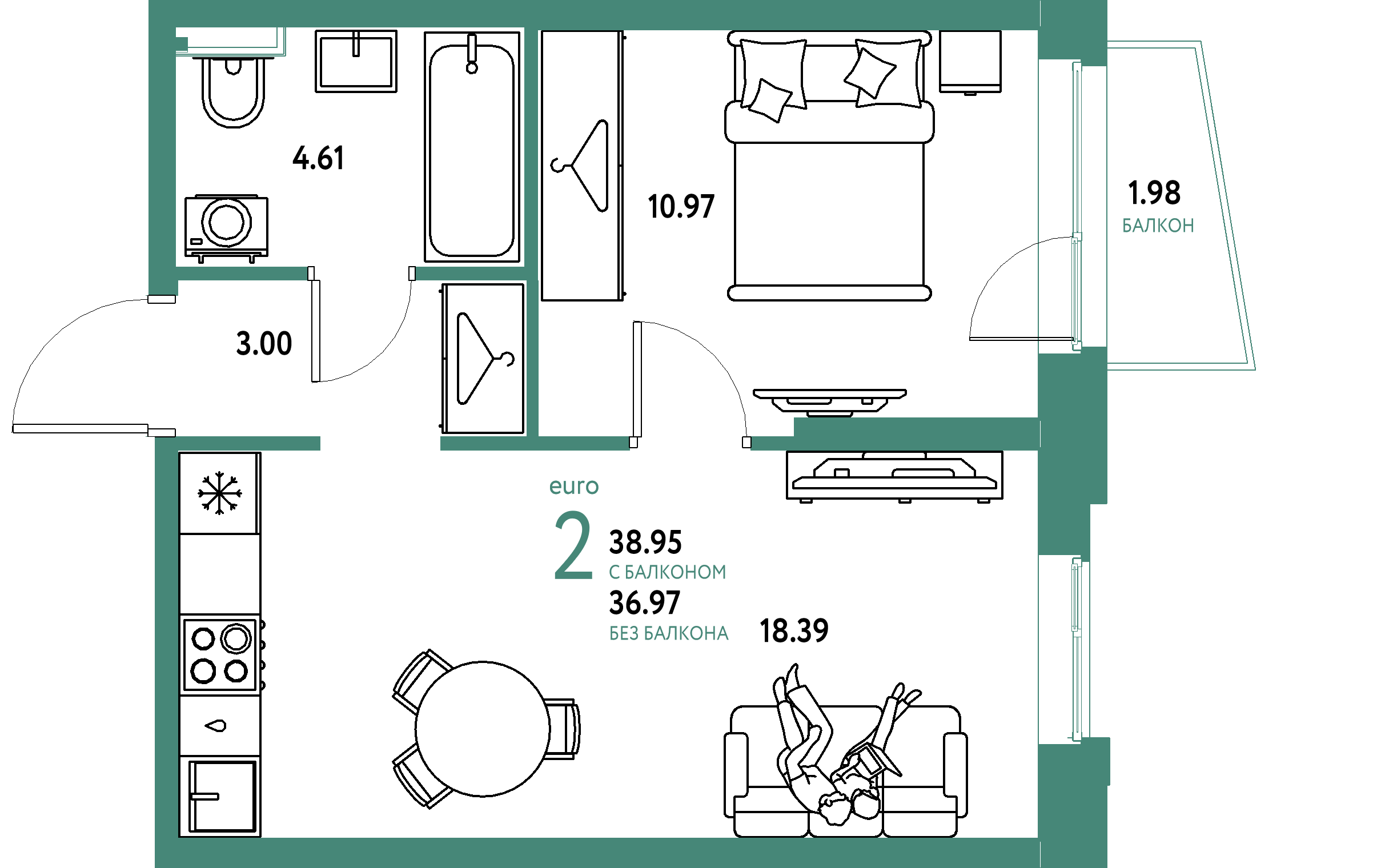 ЖК "Уральский сад"-2-комнатная 38.95 м²