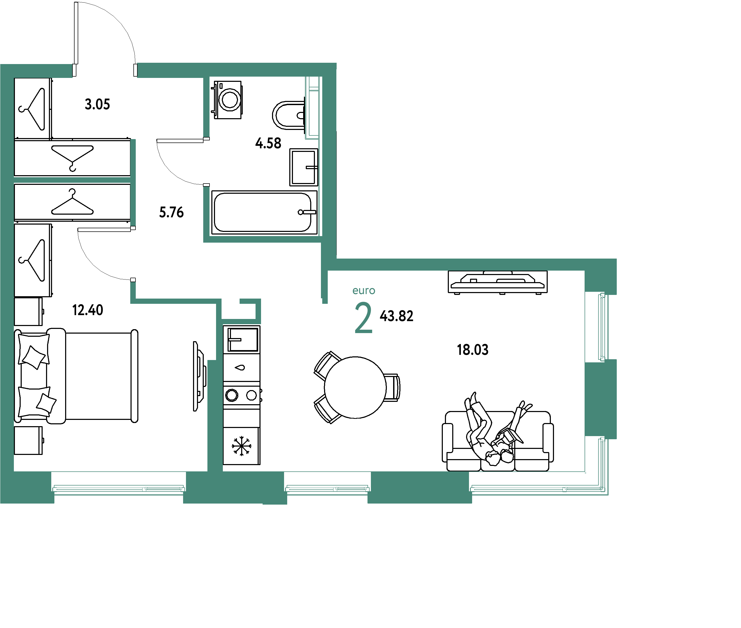 ЖК "Уральский сад"-2-комнатная 43.82 м²