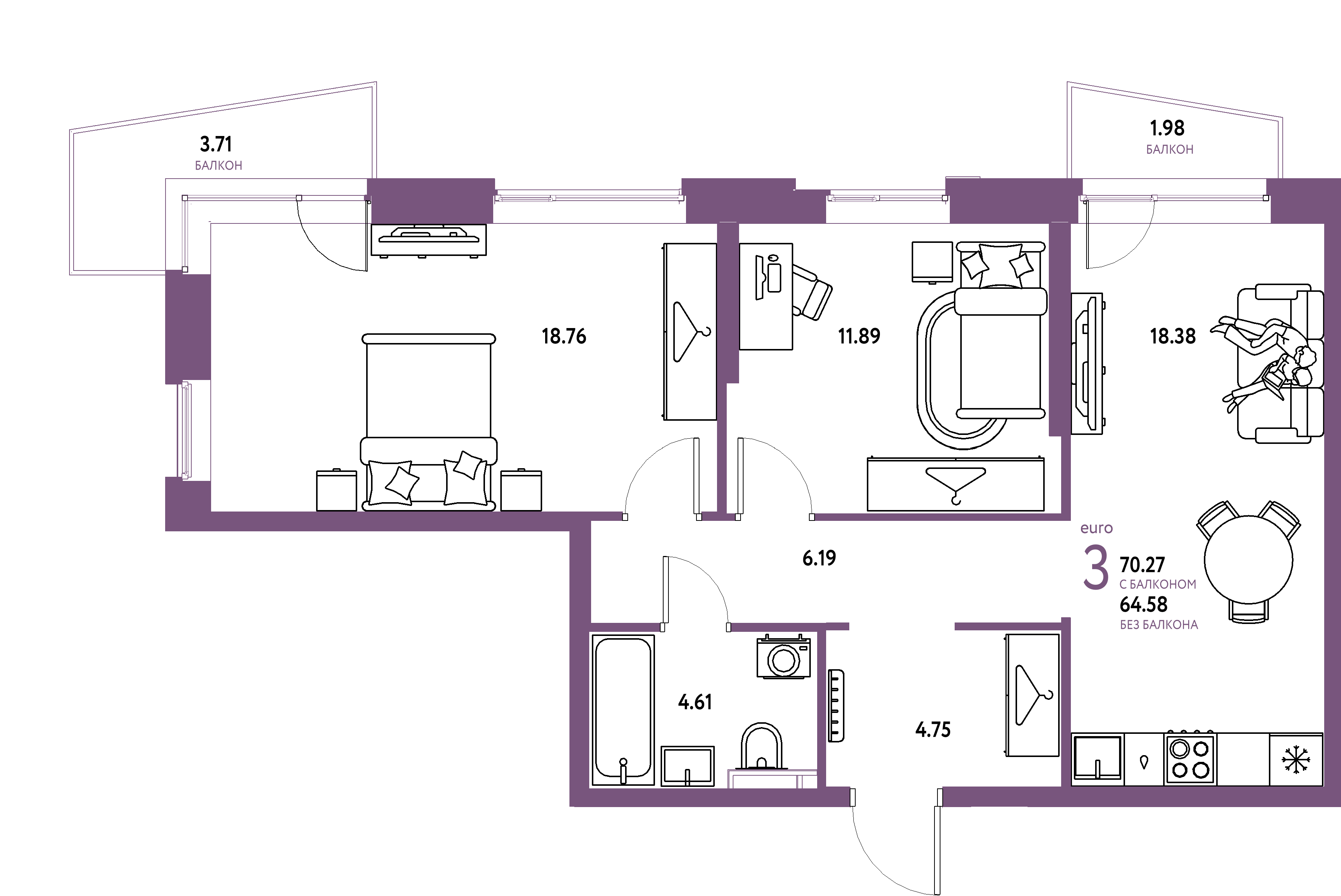 ЖК "Уральский сад"-3-комнатная 70.27 м²