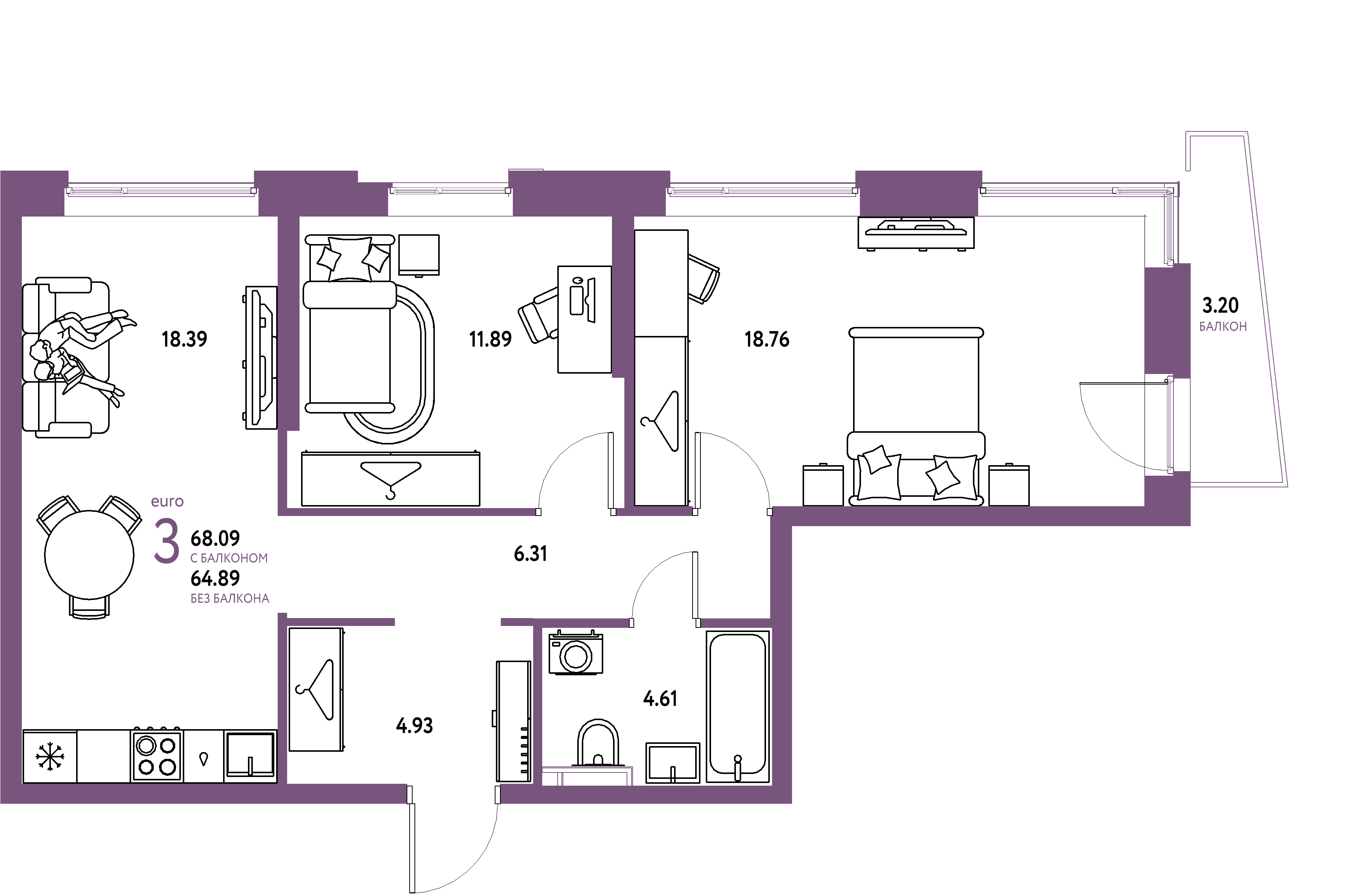 ЖК "Уральский сад"-3-комнатная 68.09 м²