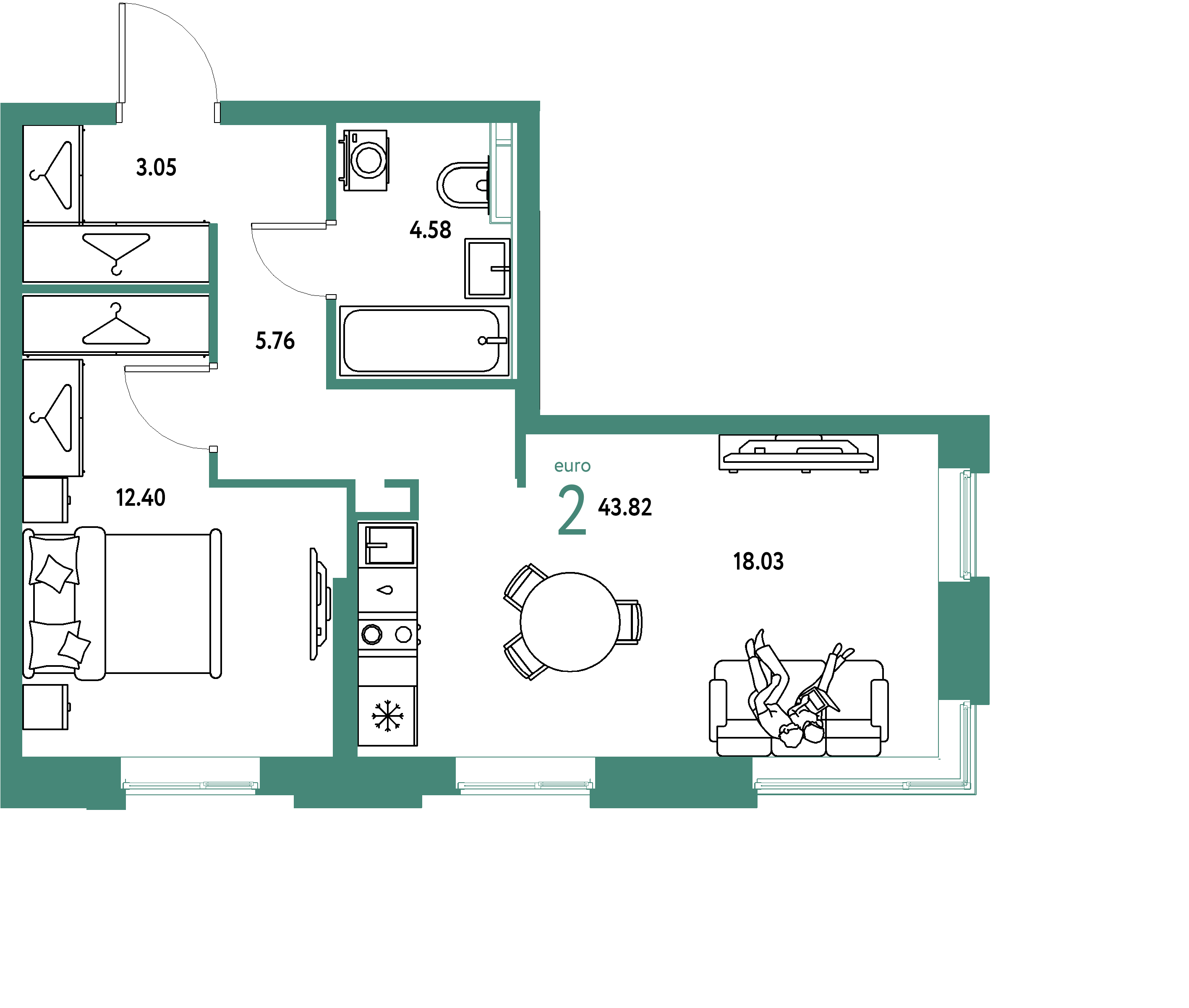 ЖК "Уральский сад"-2-комнатная 43.82 м²