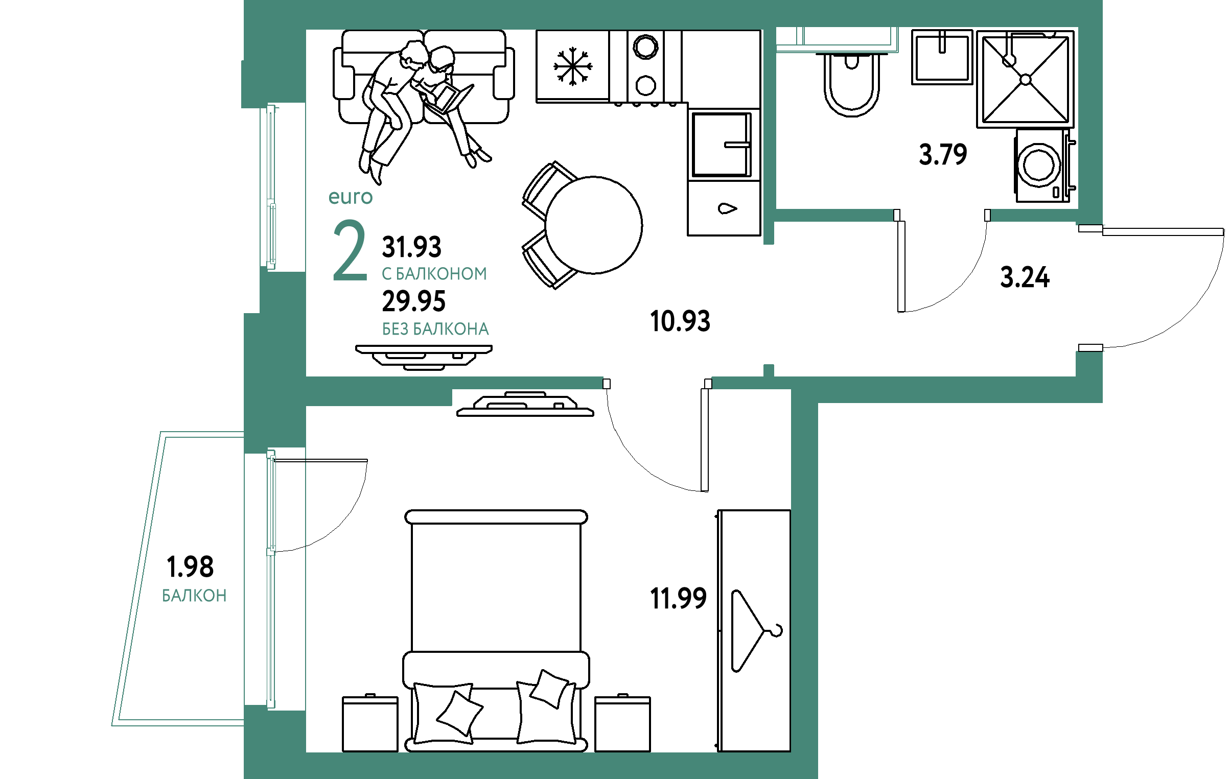 ЖК "Уральский сад"-2-комнатная 31.93 м²