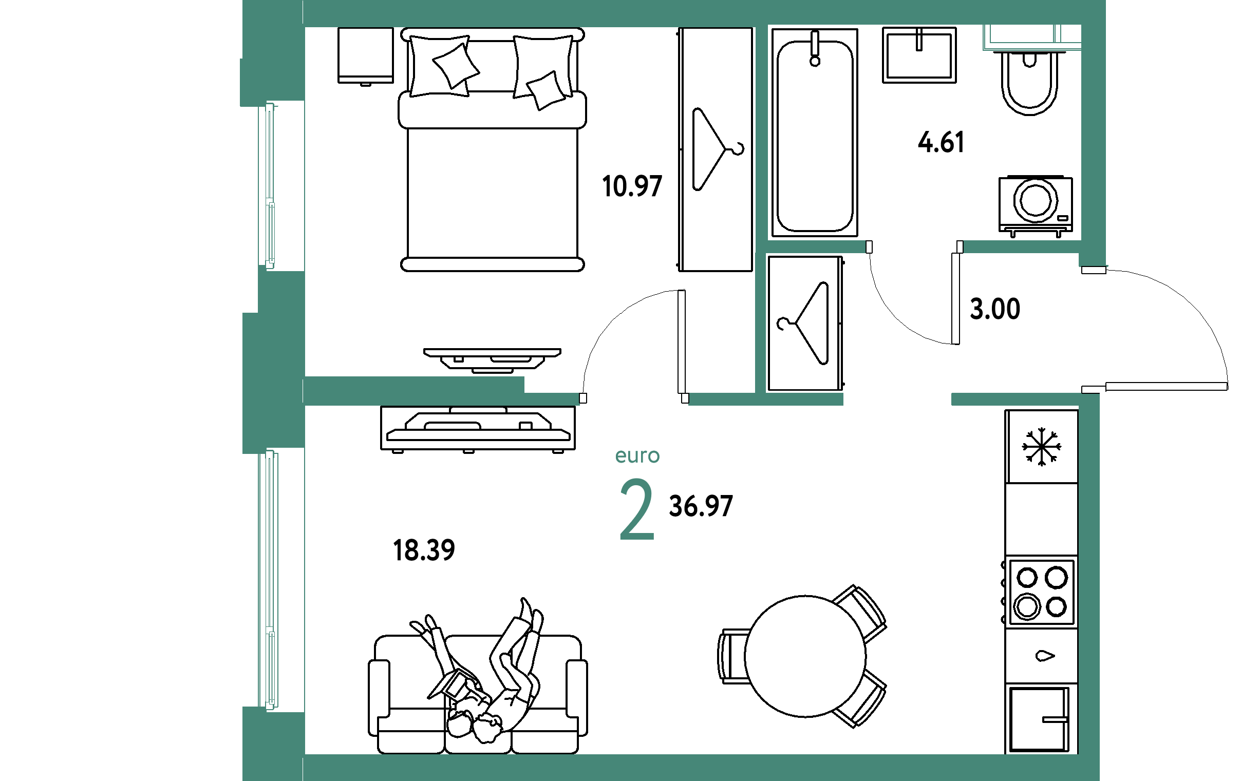 ЖК "Уральский сад"-2-комнатная 36.97 м²