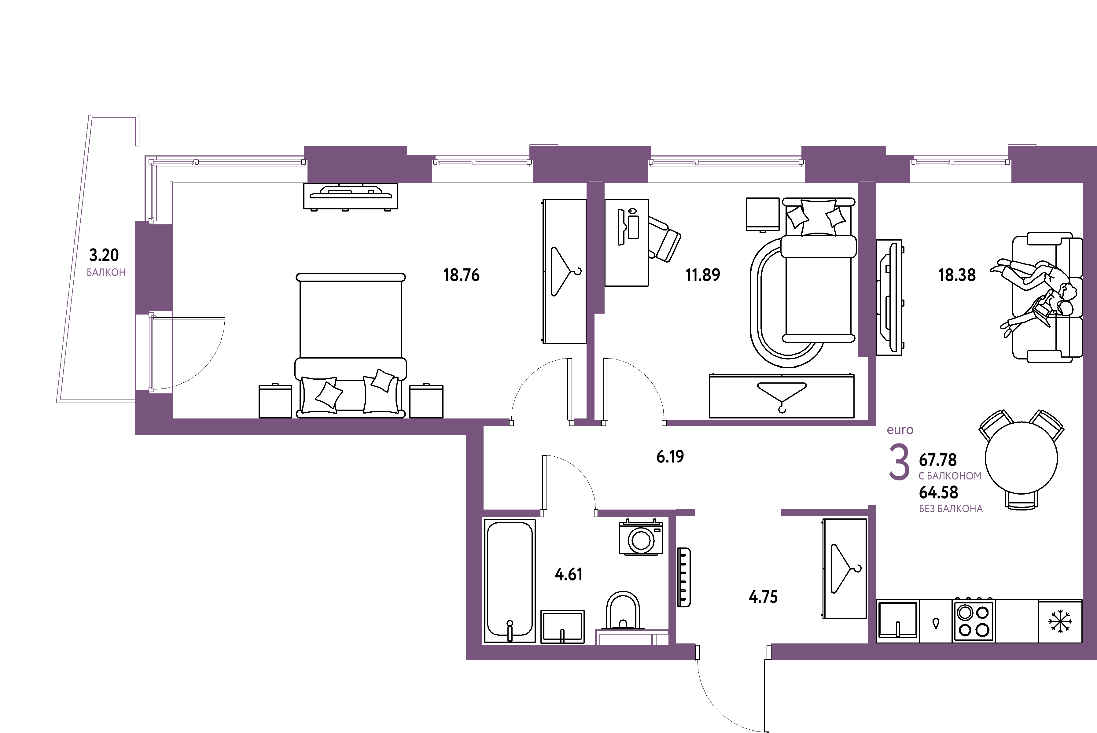 ЖК "Уральский сад"-3-комнатная 67.78 м²