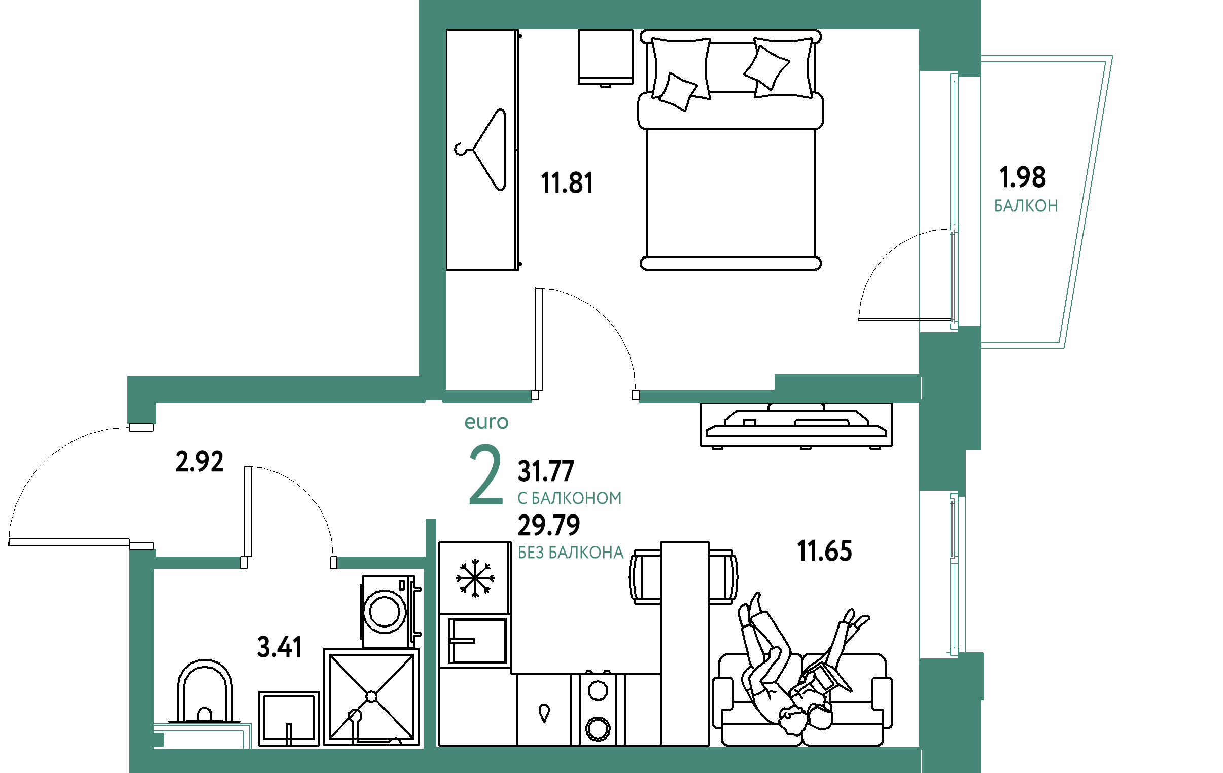 ЖК "Уральский сад"-2-комнатная 31.77 м²