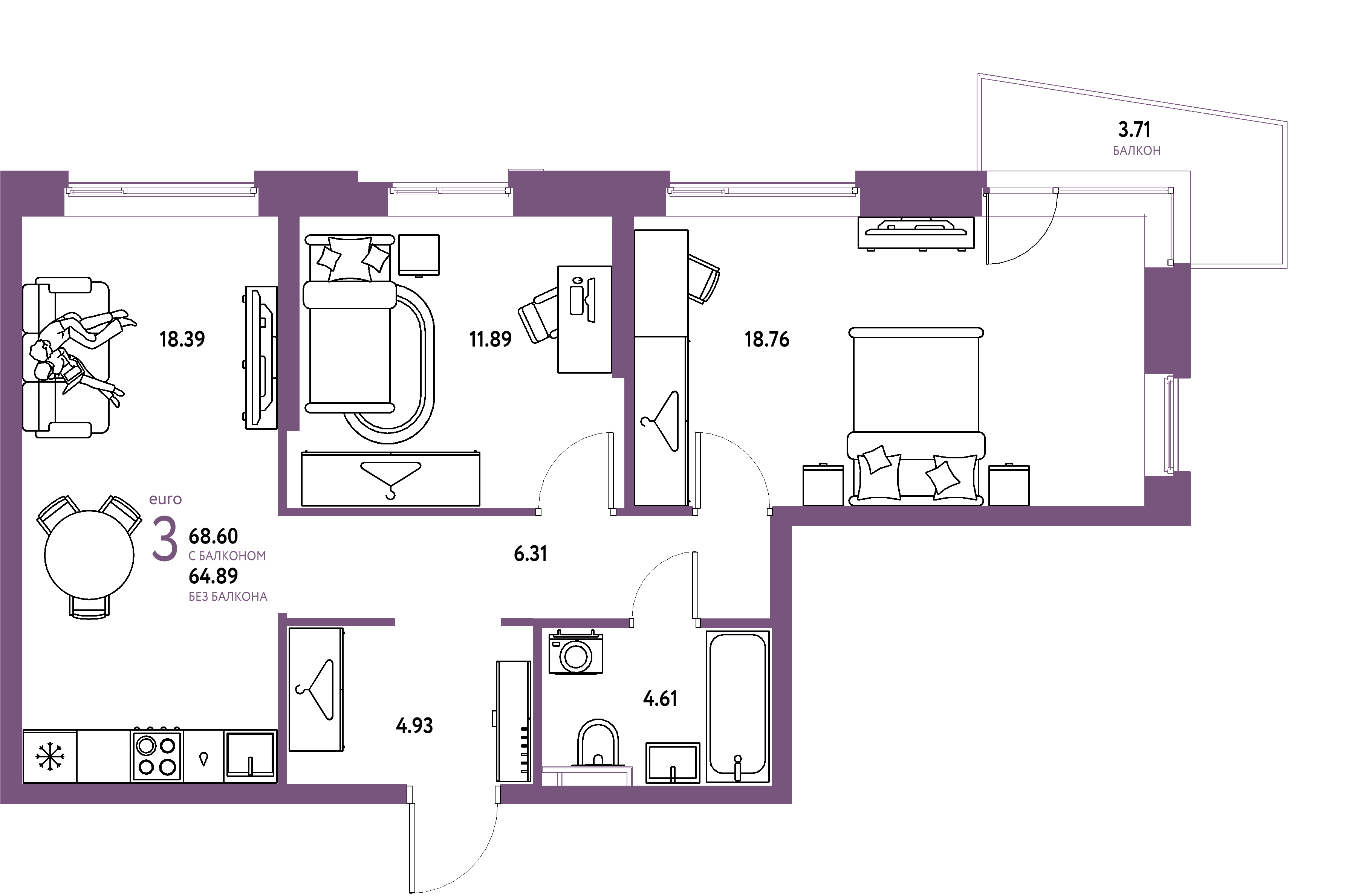 ЖК "Уральский сад"-3-комнатная 68.6 м²