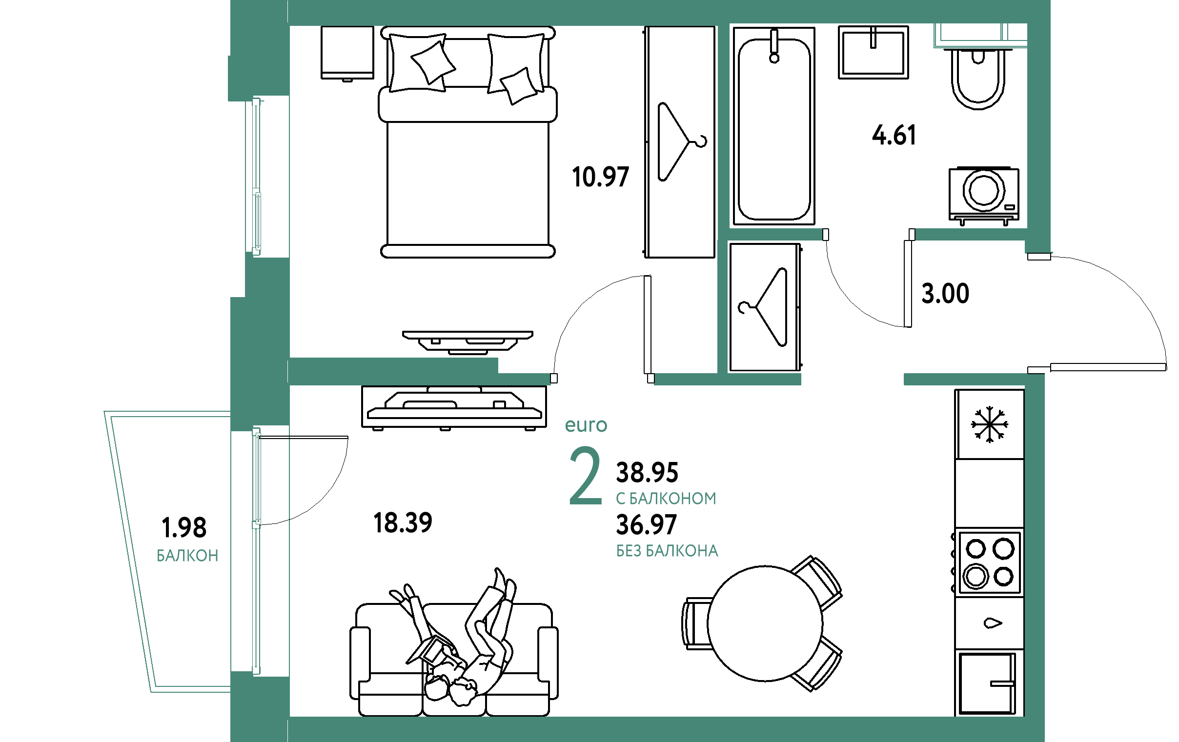 ЖК "Уральский сад"-2-комнатная 38.95 м²