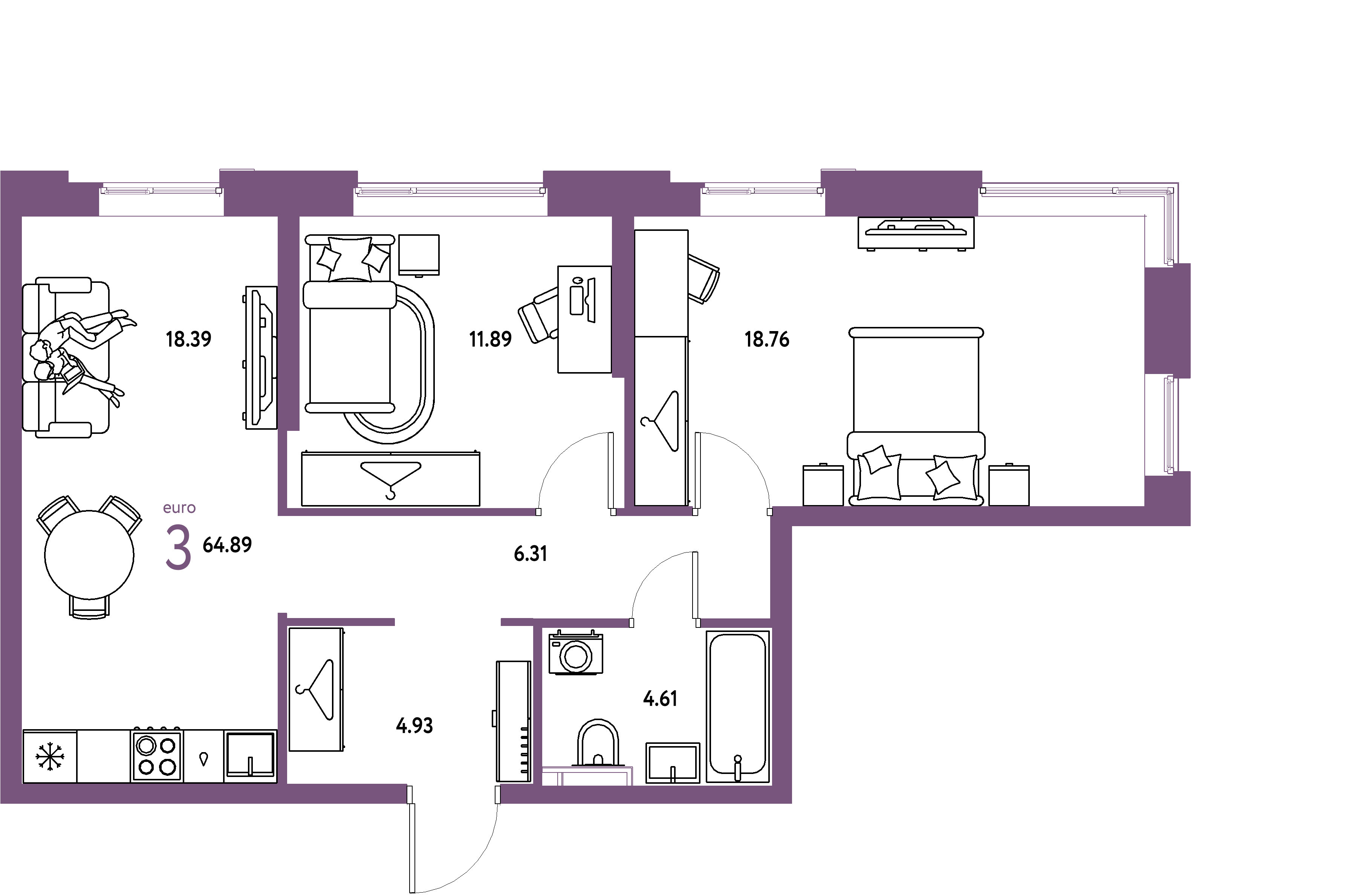 ЖК "Уральский сад"-3-комнатная 64.89 м²