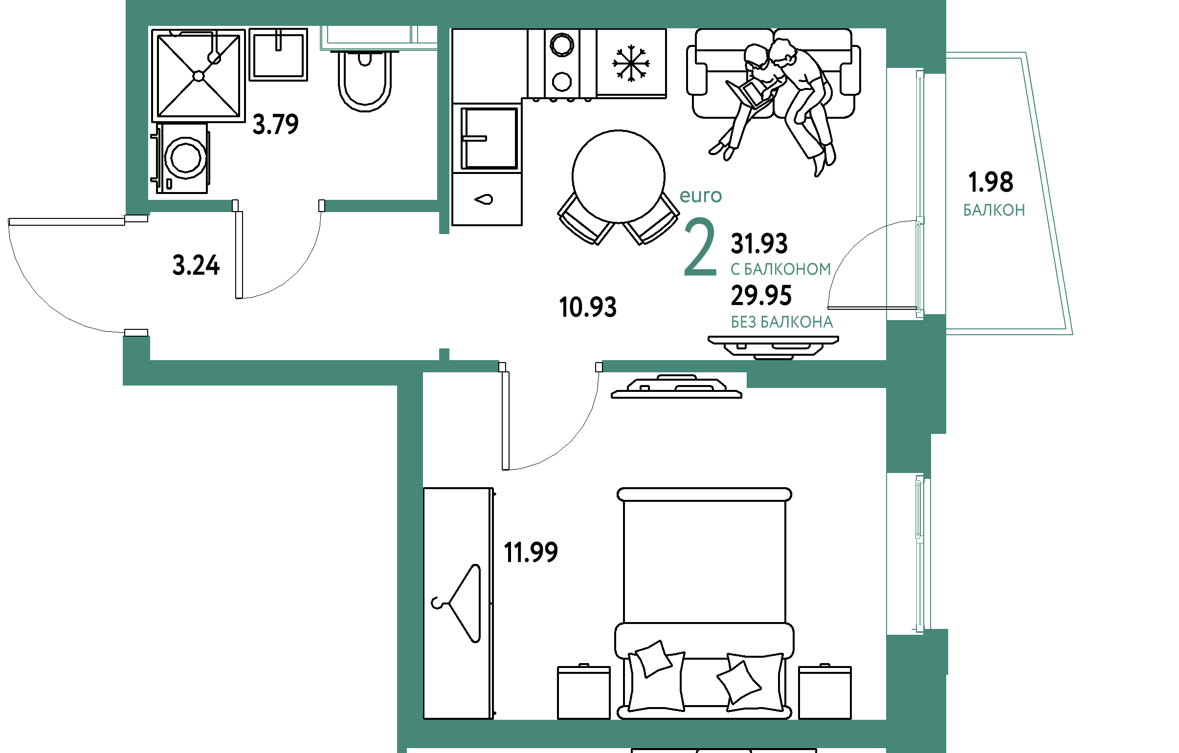 ЖК "Уральский сад"-2-комнатная 31.93 м²