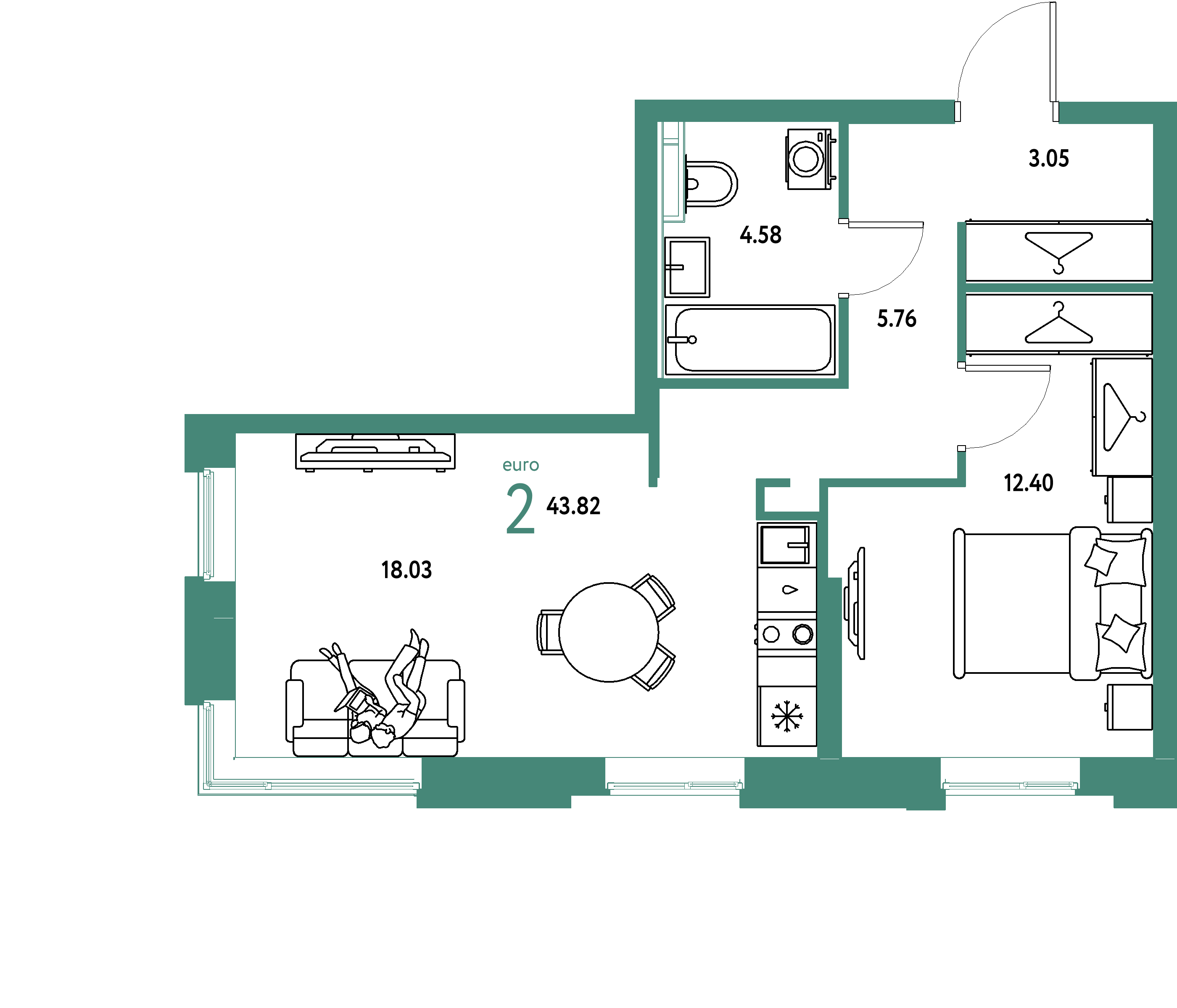 ЖК "Уральский сад"-2-комнатная 43.82 м²