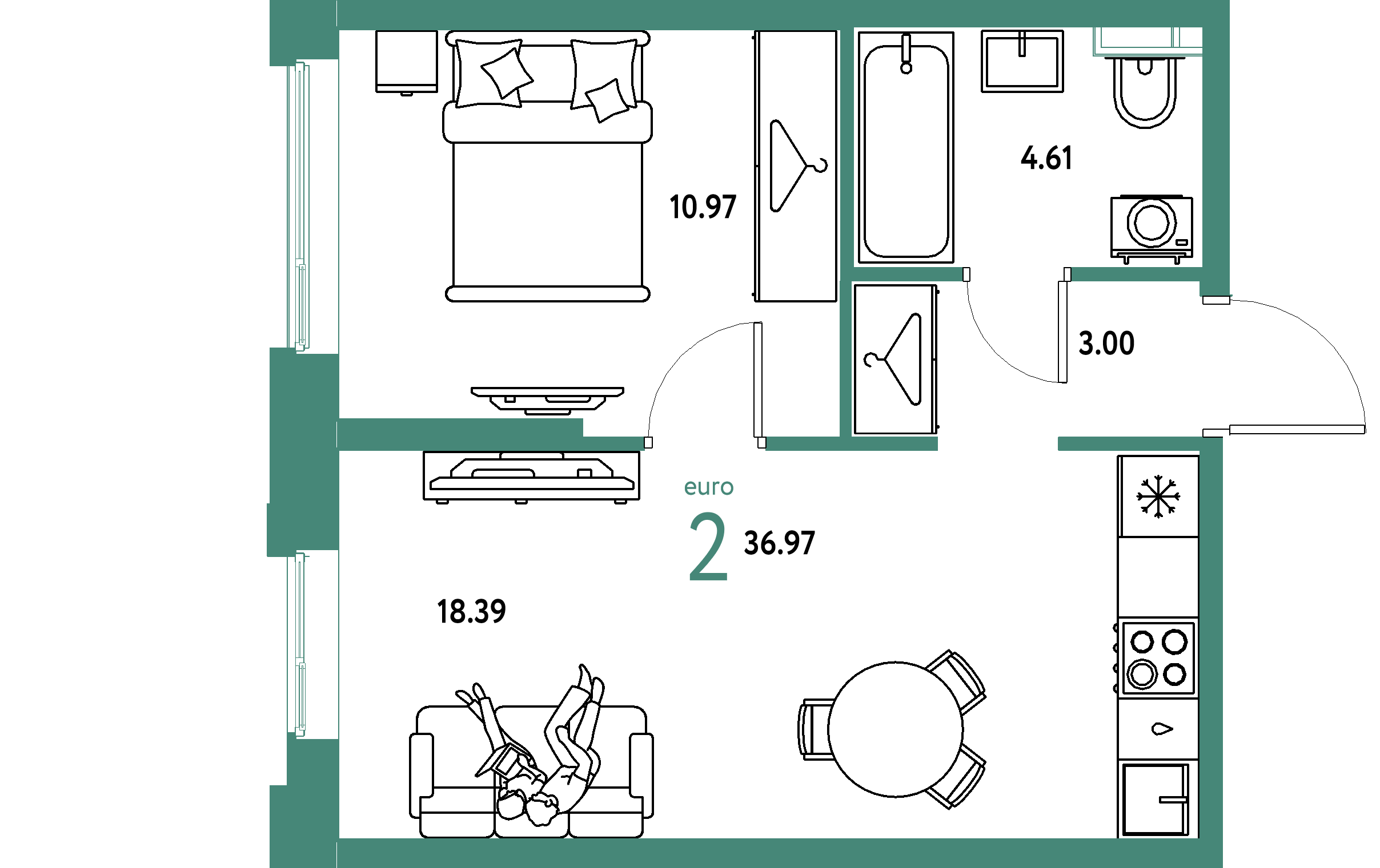 ЖК "Уральский сад"-2-комнатная 36.97 м²