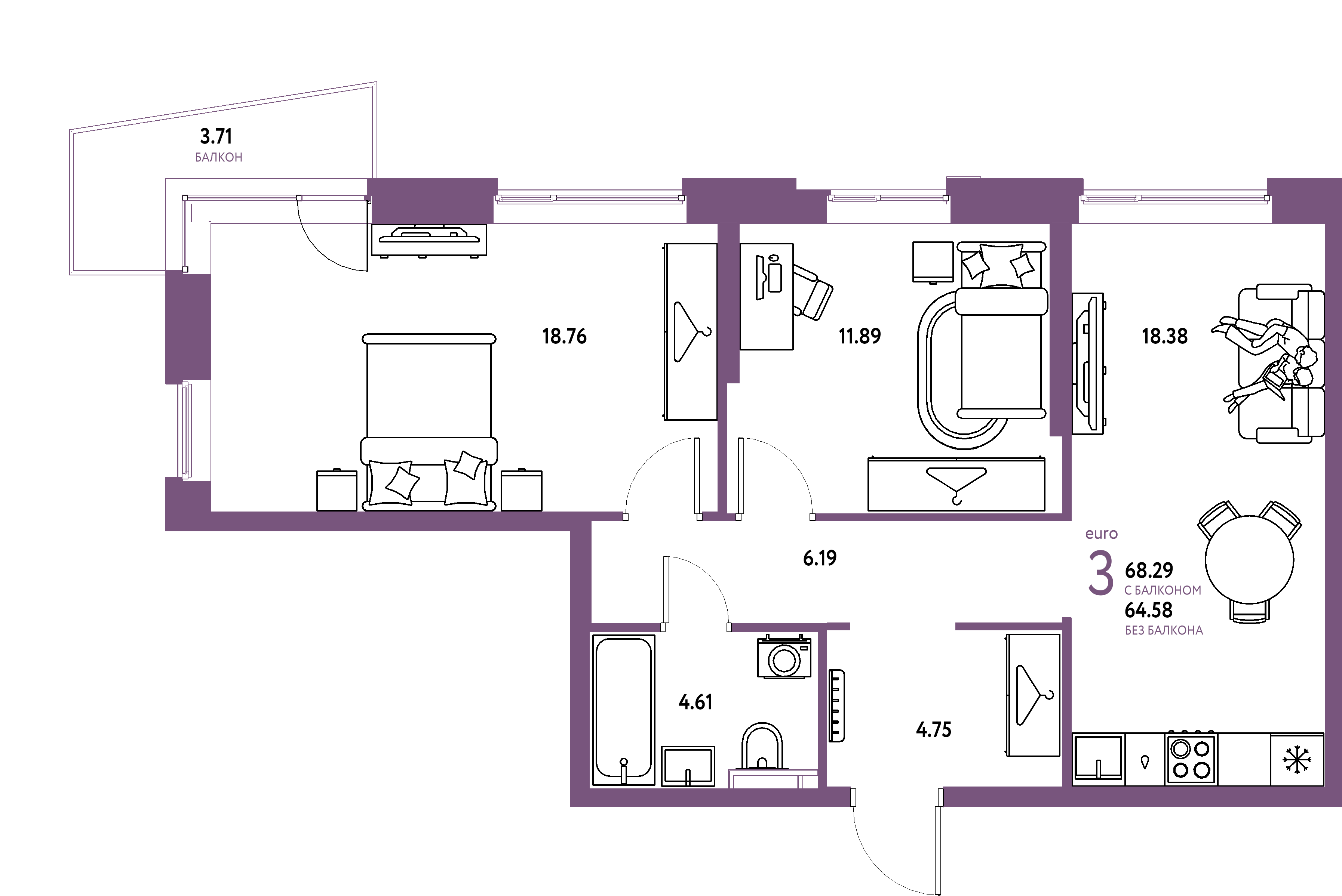 ЖК "Уральский сад"-3-комнатная 68.29 м²