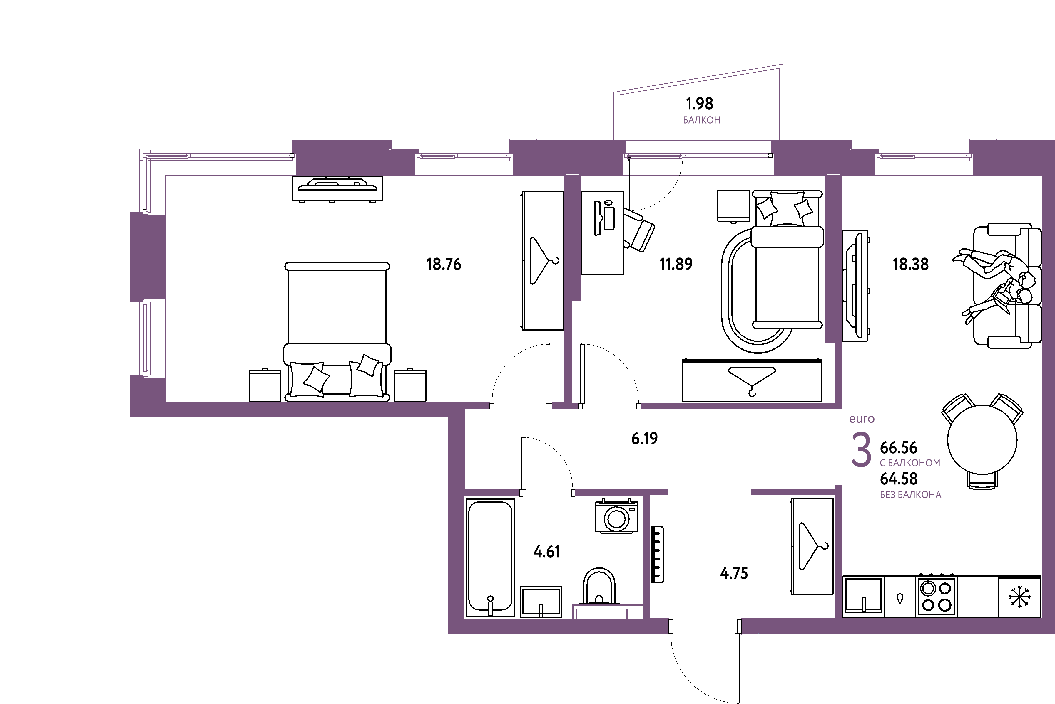 ЖК "Уральский сад"-3-комнатная 66.56 м²