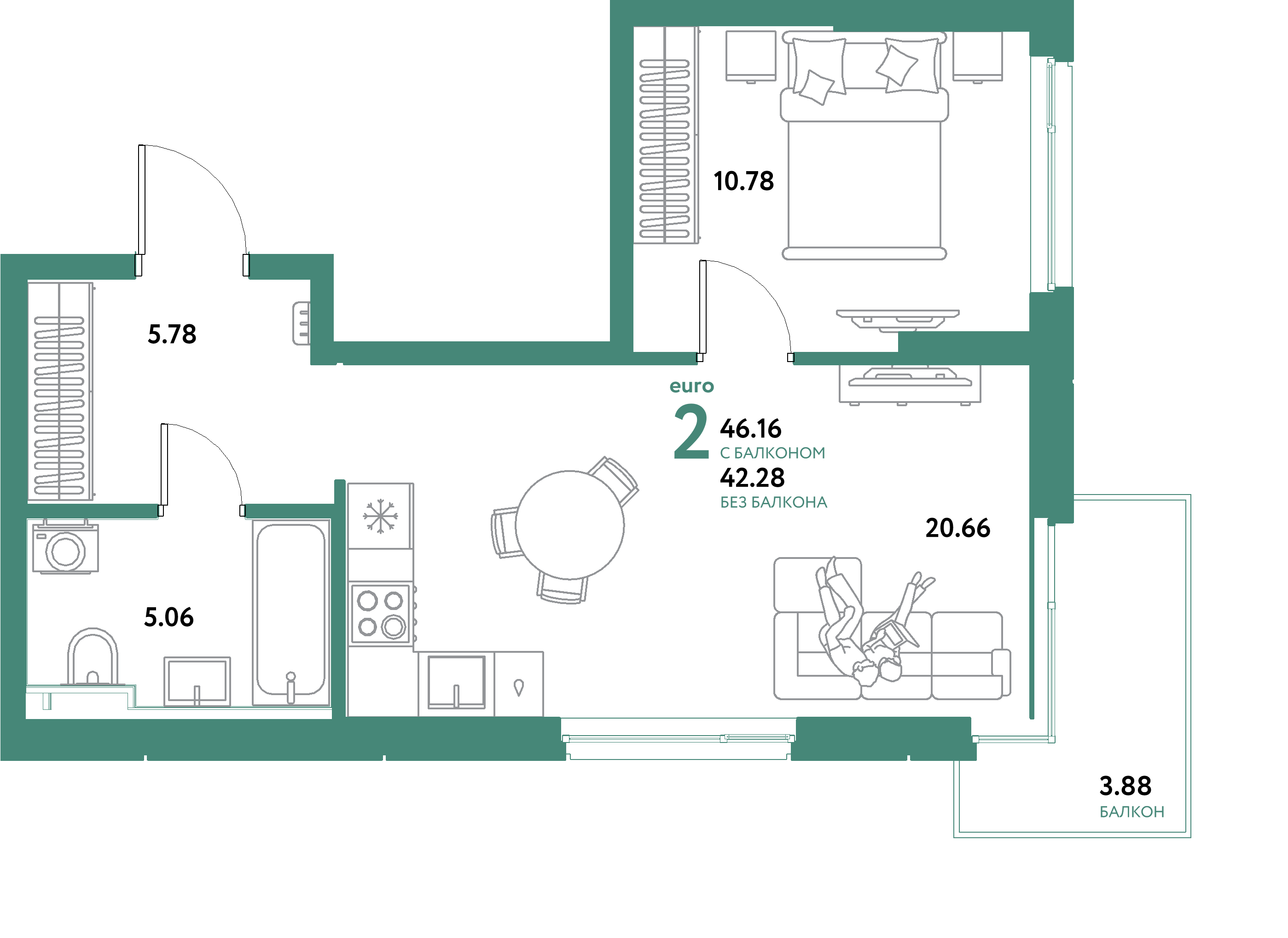 ЖК "Уральский сад"-2-комнатная 46.16 м²