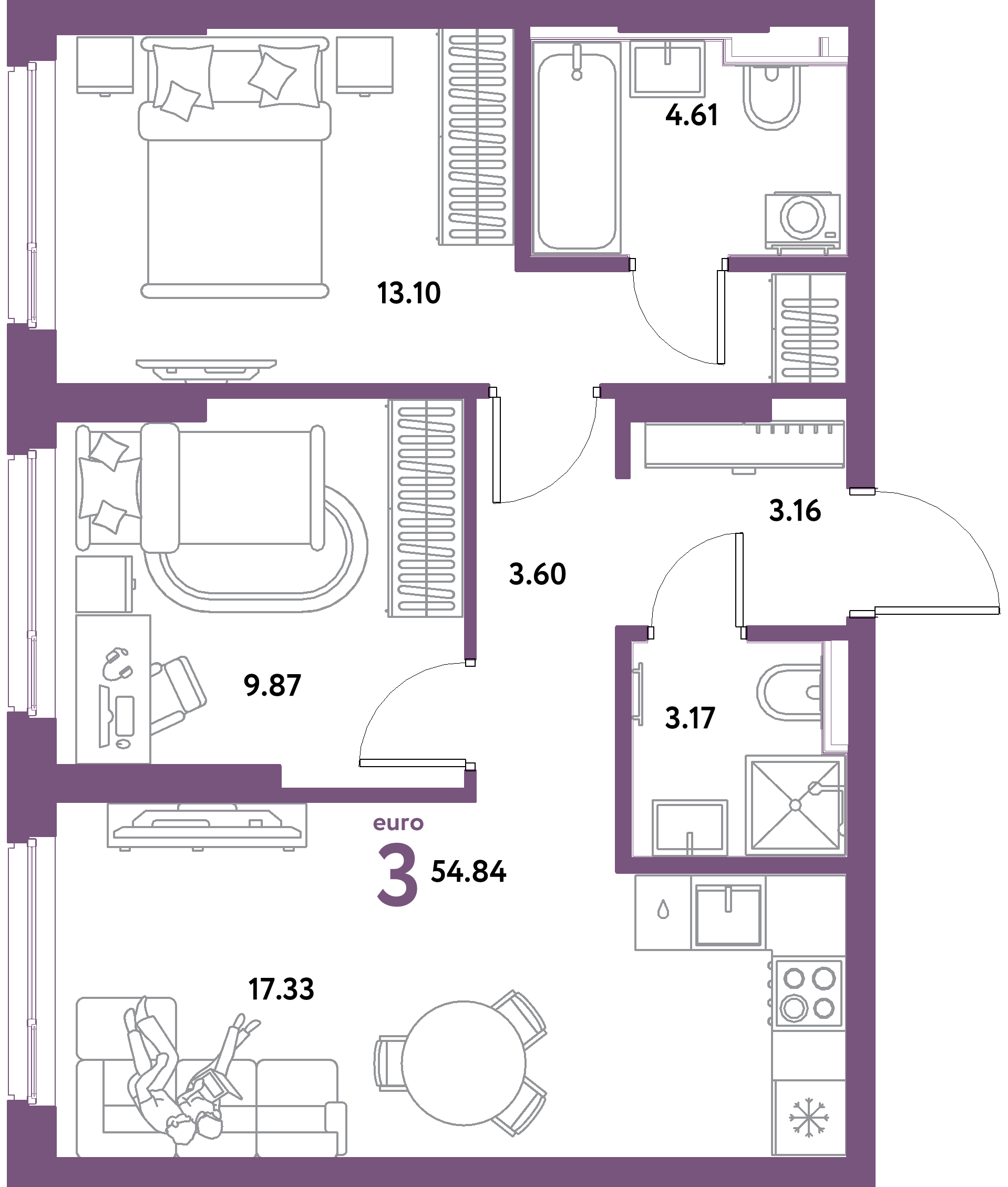 ЖК "Уральский сад"-3-комнатная 54.84 м²