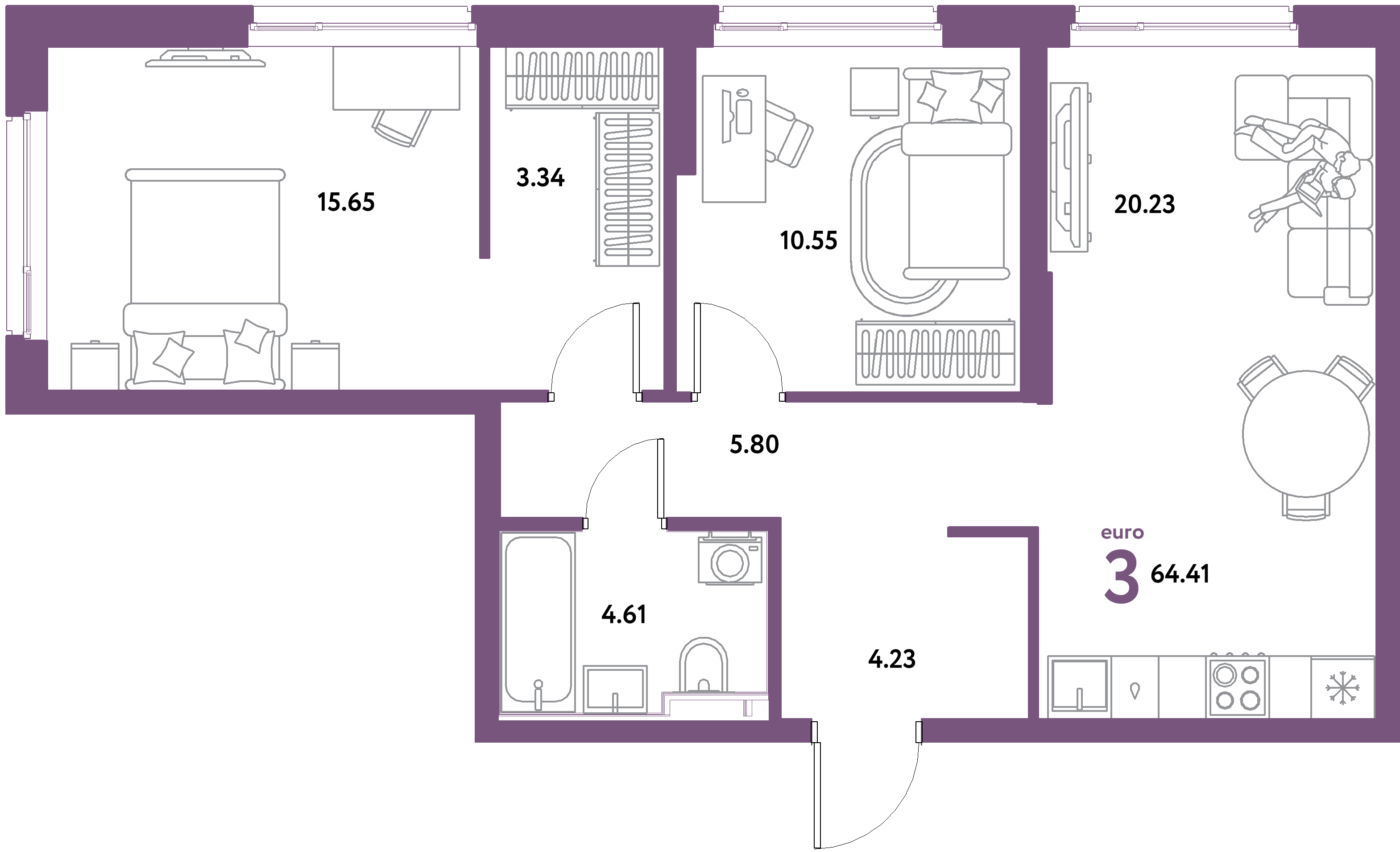 ЖК "Уральский сад"-3-комнатная 64.41 м²
