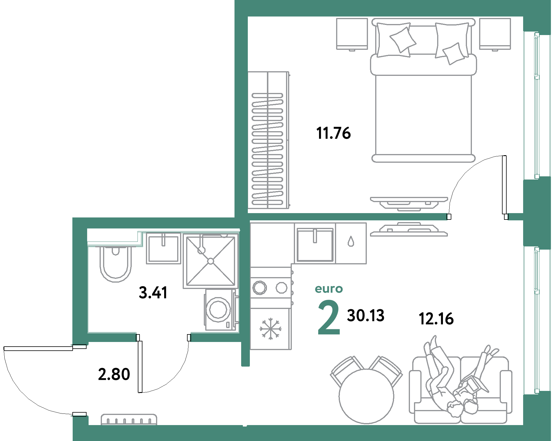ЖК "Уральский сад"-2-комнатная 30.13 м²