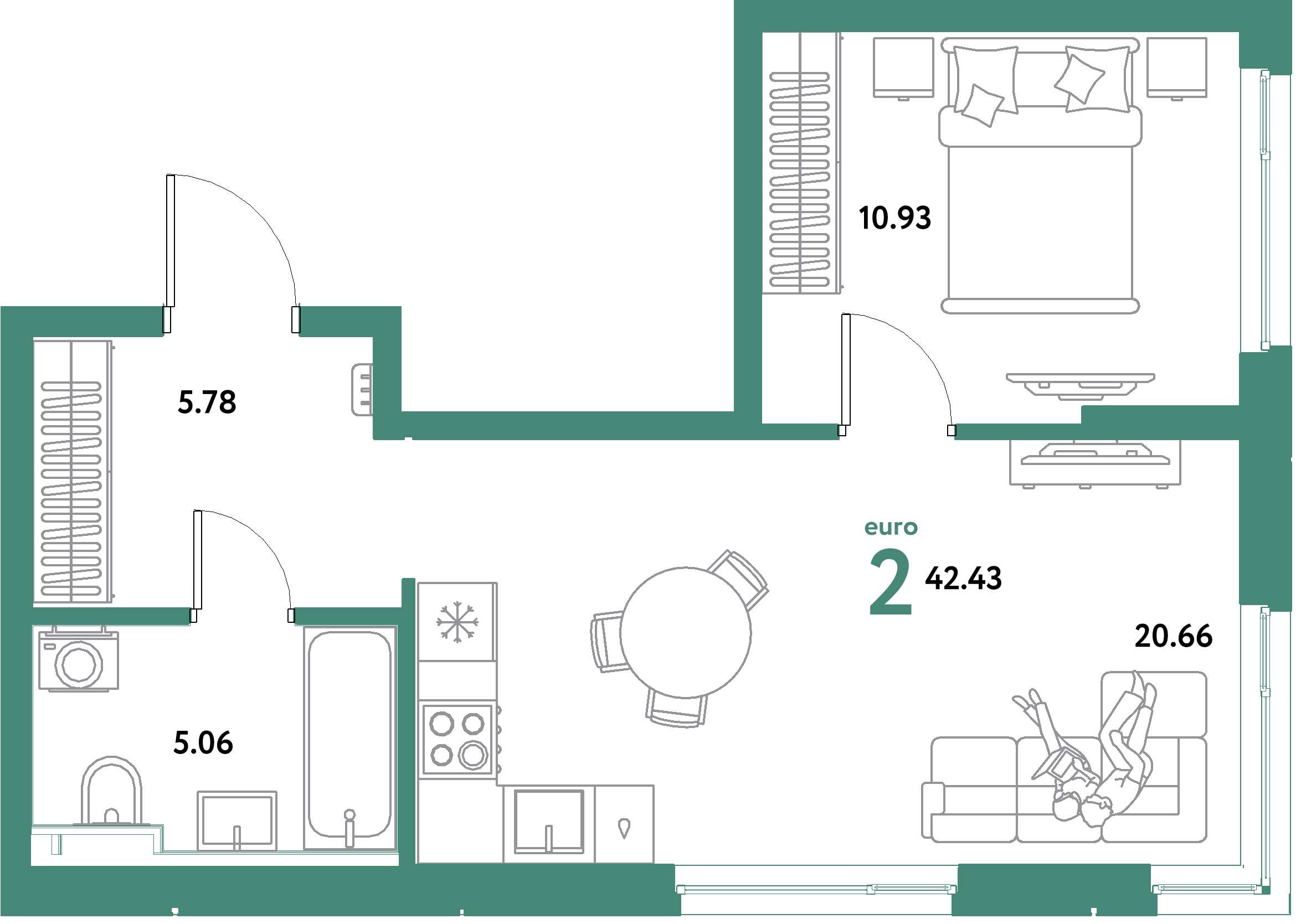 ЖК "Уральский сад"-2-комнатная 42.43 м²