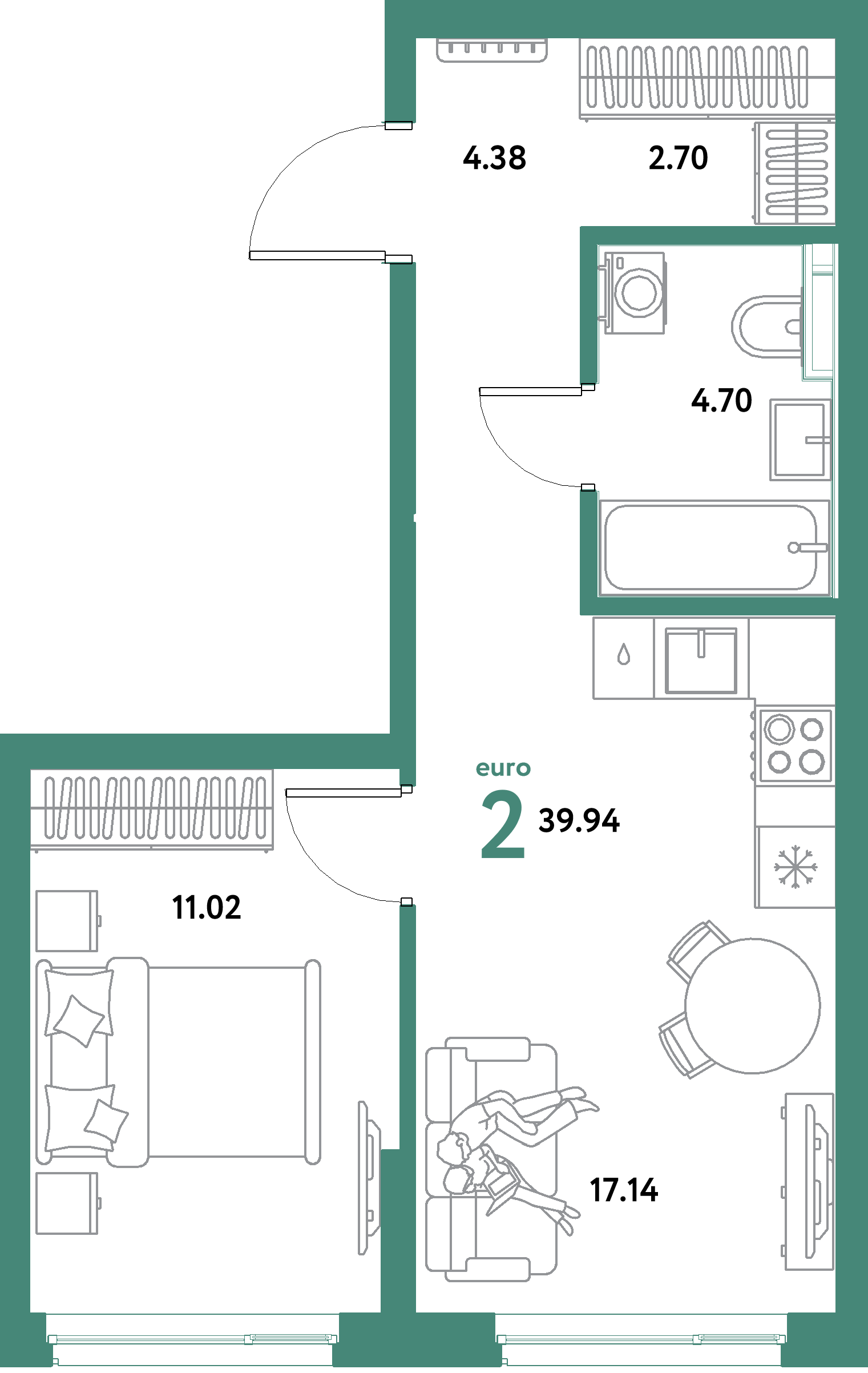 ЖК "Уральский сад"-2-комнатная 39.94 м²