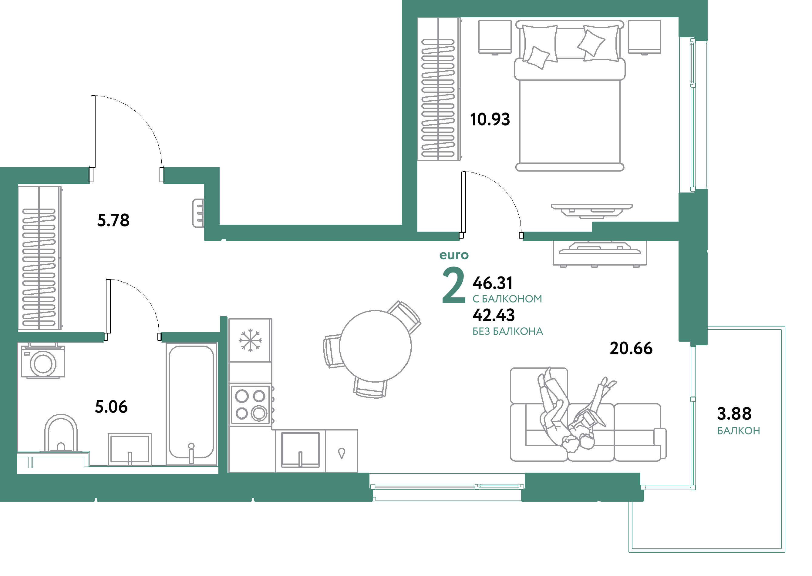 ЖК "Уральский сад"-2-комнатная 46.31 м²