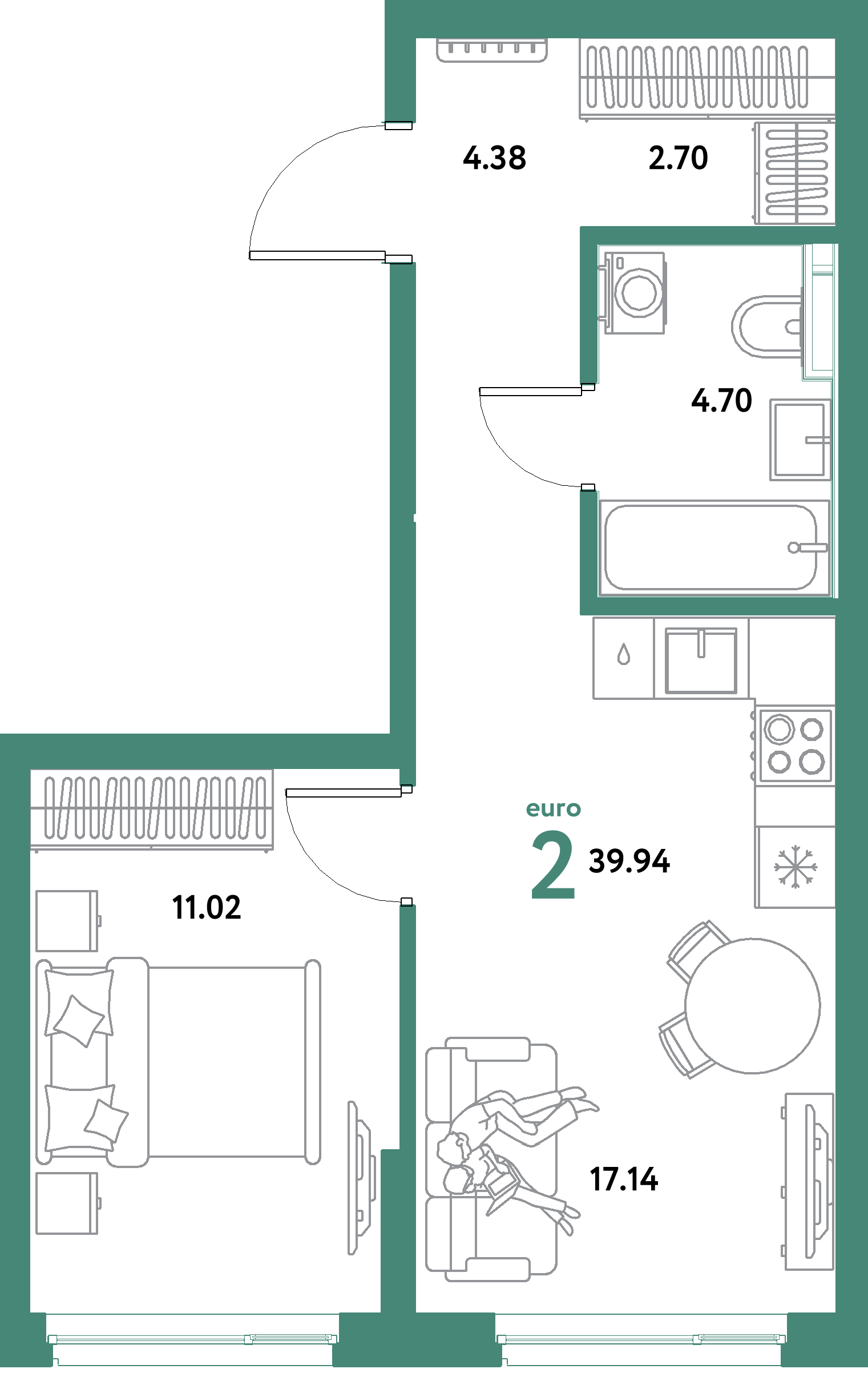 ЖК "Уральский сад"-2-комнатная 39.94 м²