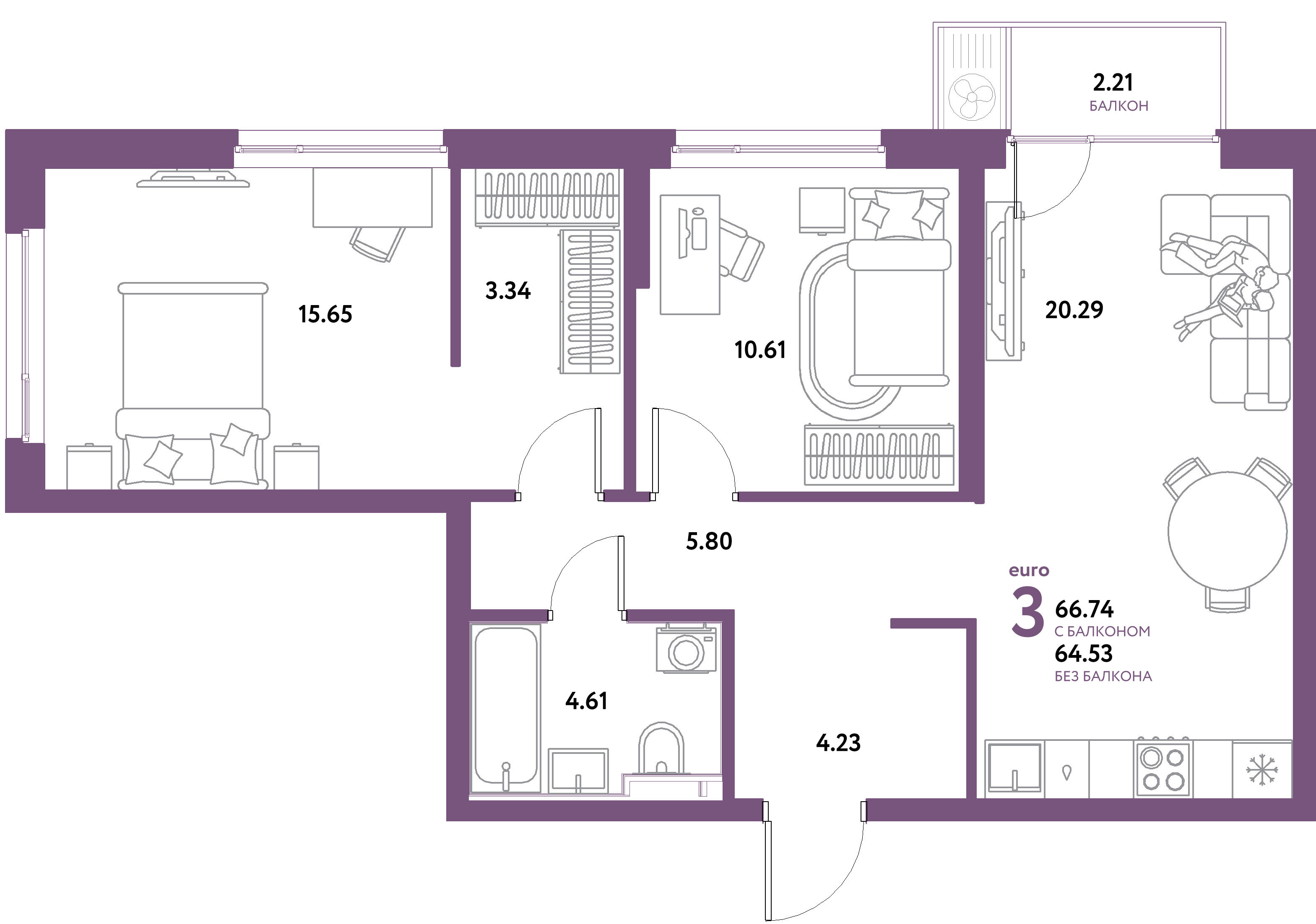 ЖК "Уральский сад"-3-комнатная 66.74 м²
