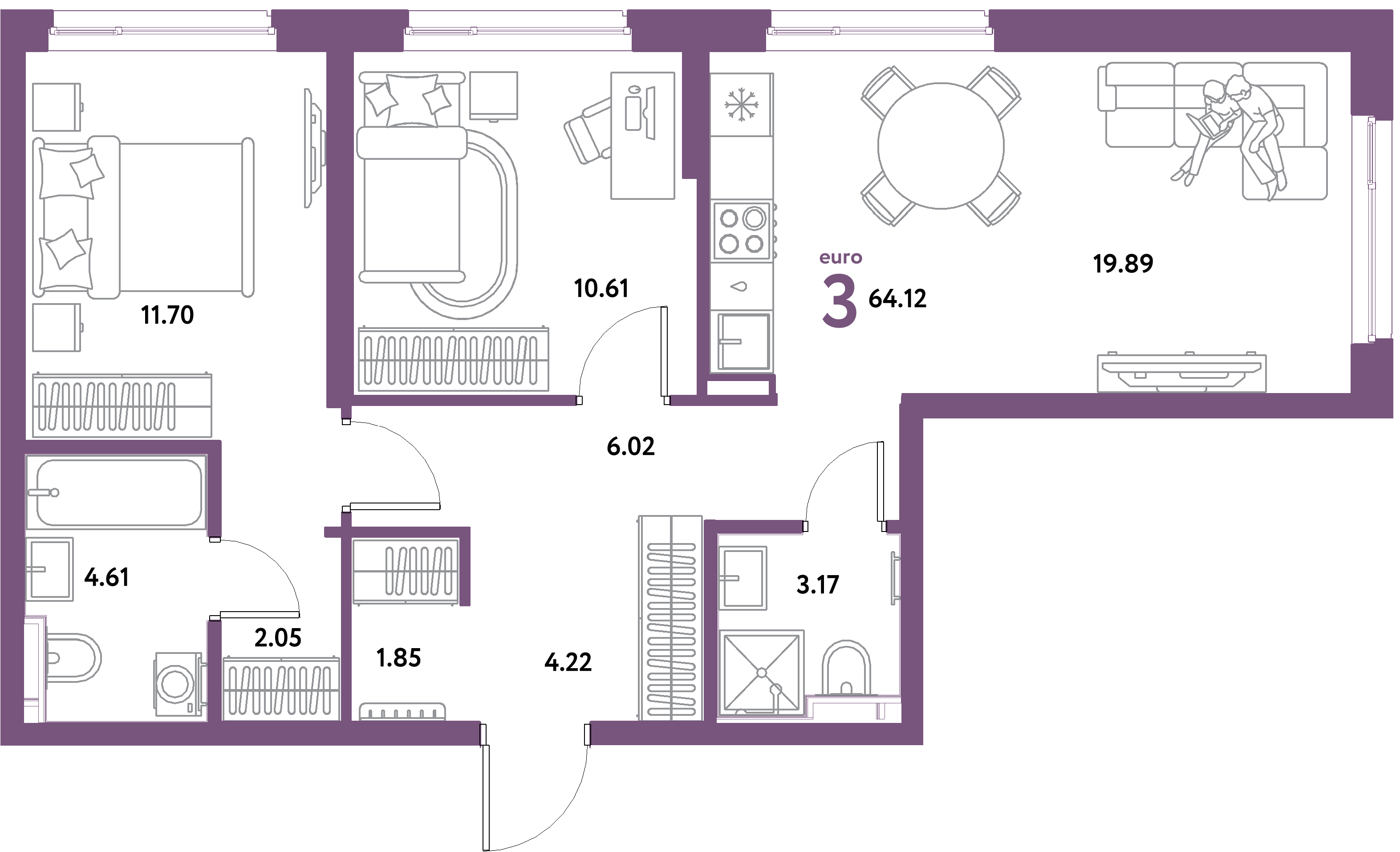 ЖК "Уральский сад"-3-комнатная 64.12 м²